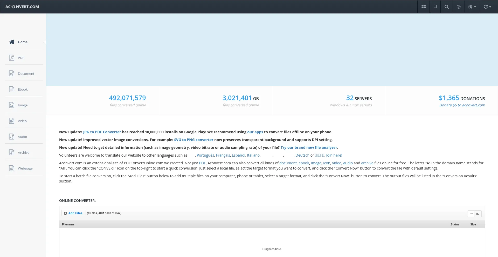 Website screenshot of Aconvert.com