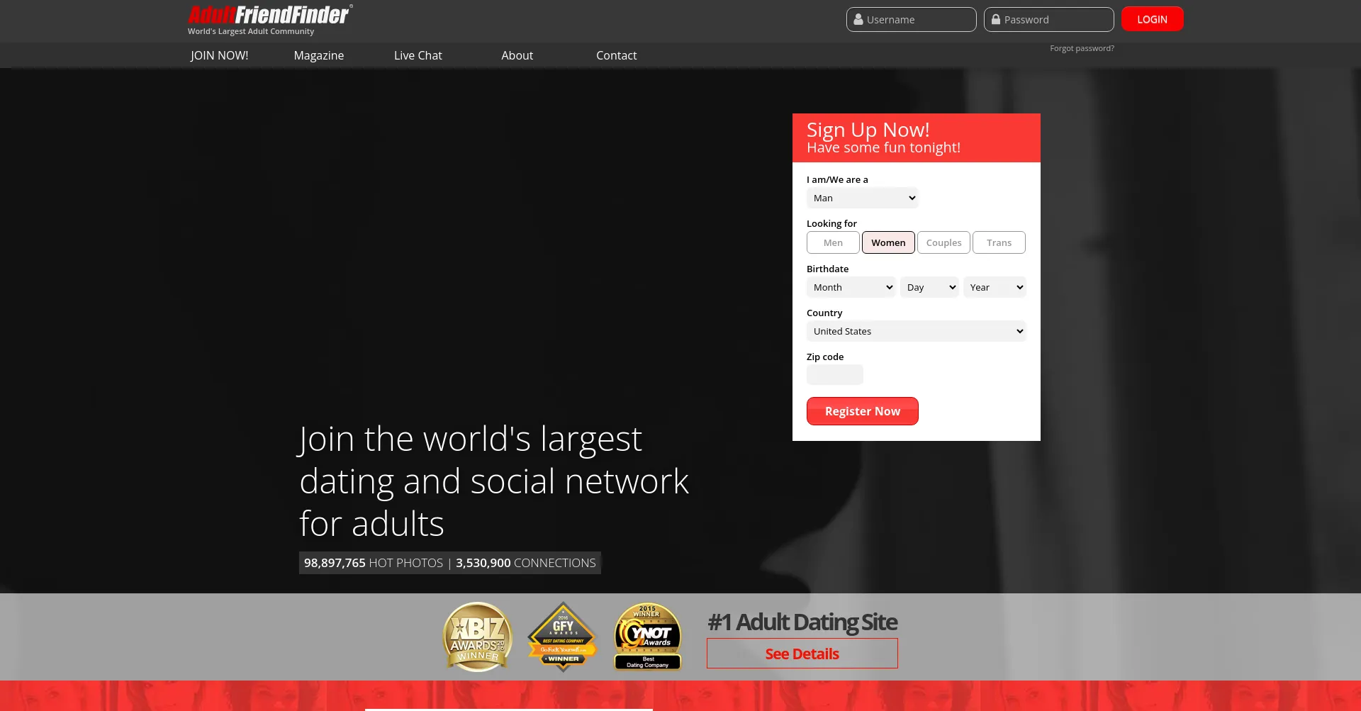 Website screenshot of Adultfriendfinder.com
