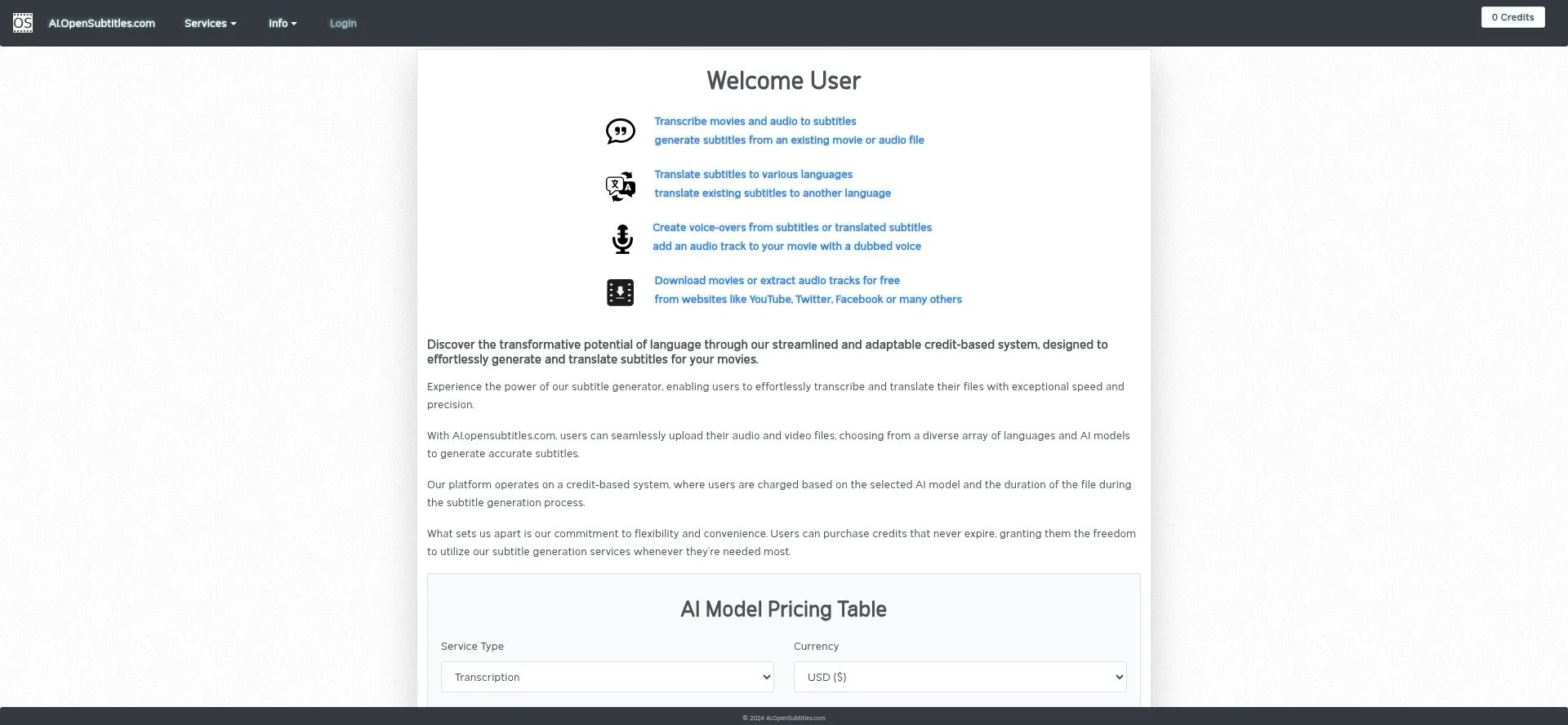 Website screenshot of Ai.opensubtitles.com