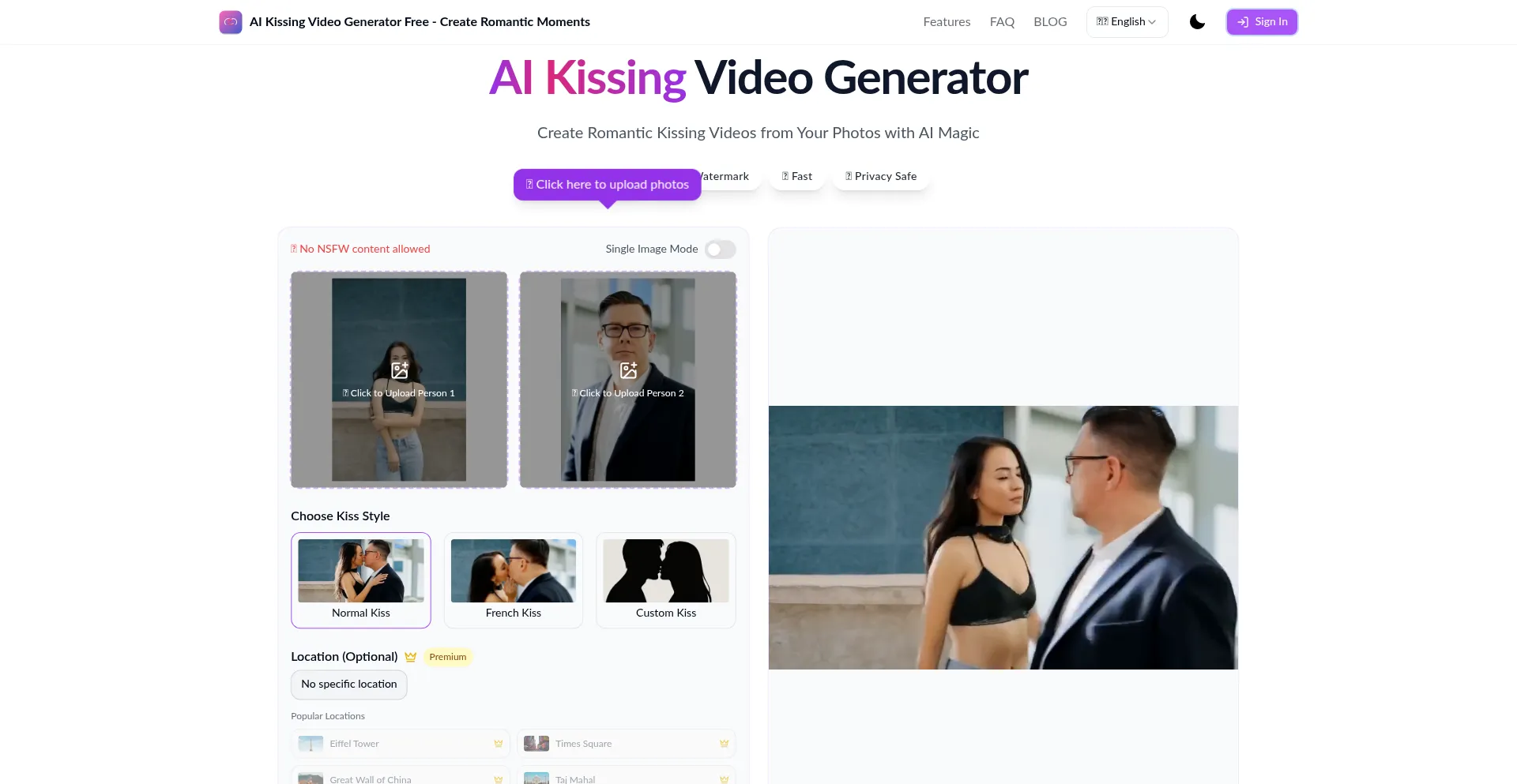 Website screenshot of Aikissingvideogenerator.online