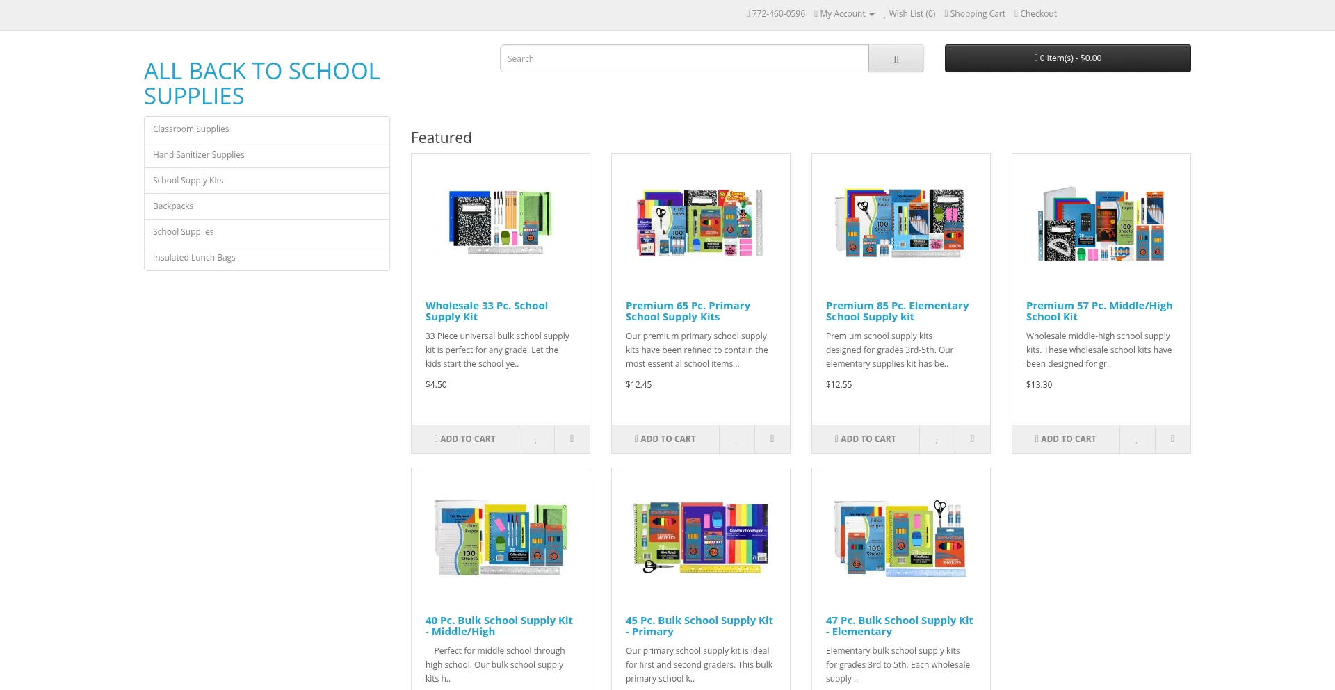 Website screenshot of Allbacktoschoolsupplies.com
