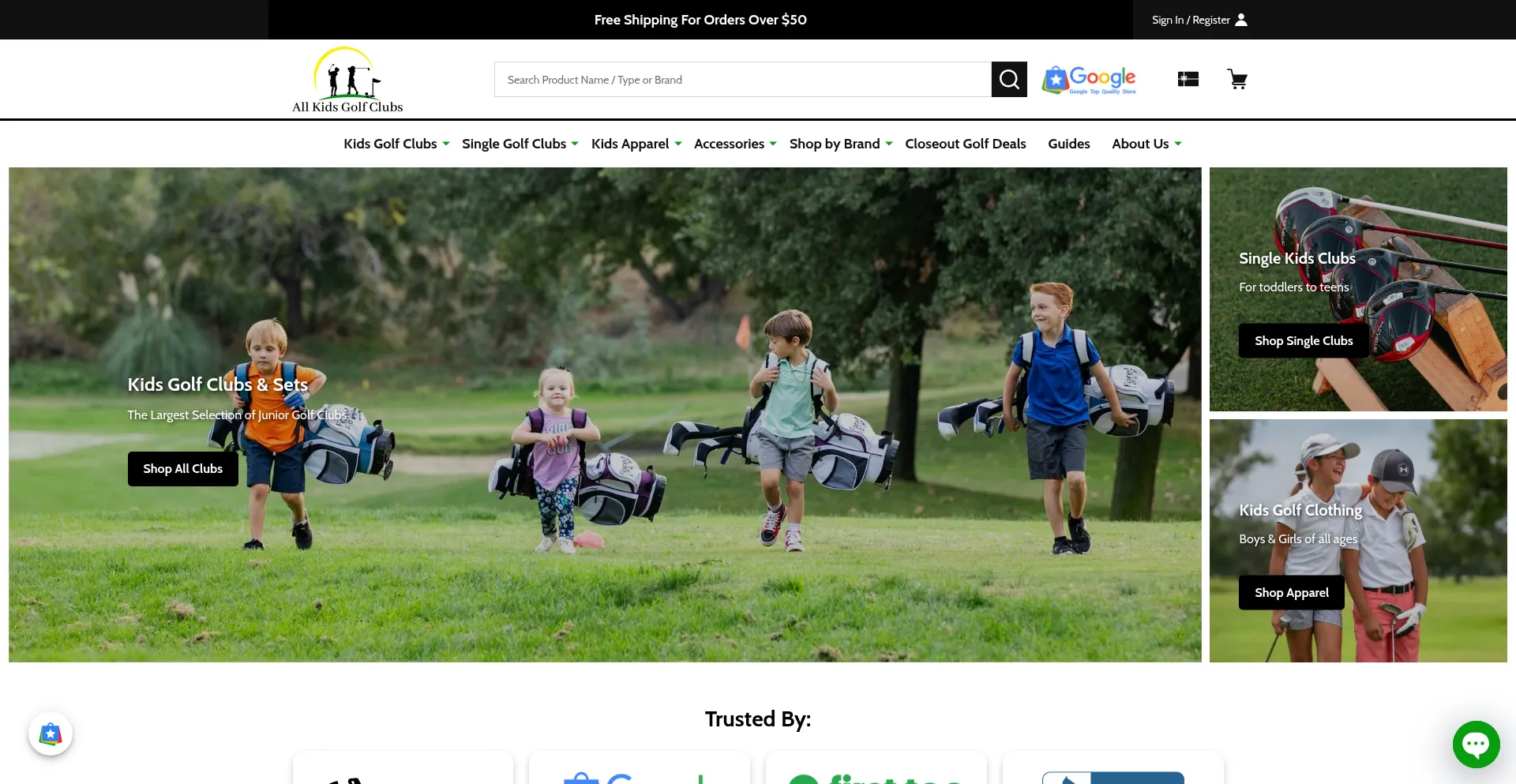 Website screenshot of Allkidsgolfclubs.com
