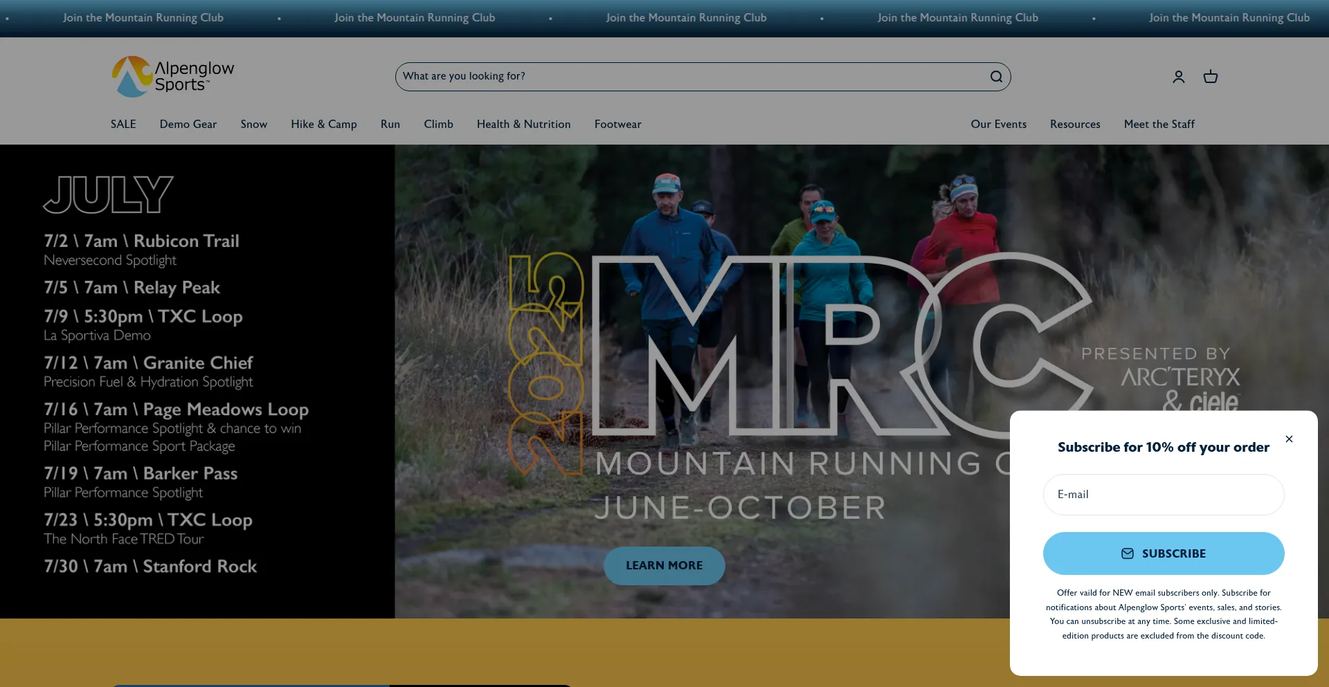 Website screenshot of Alpenglowsports.com