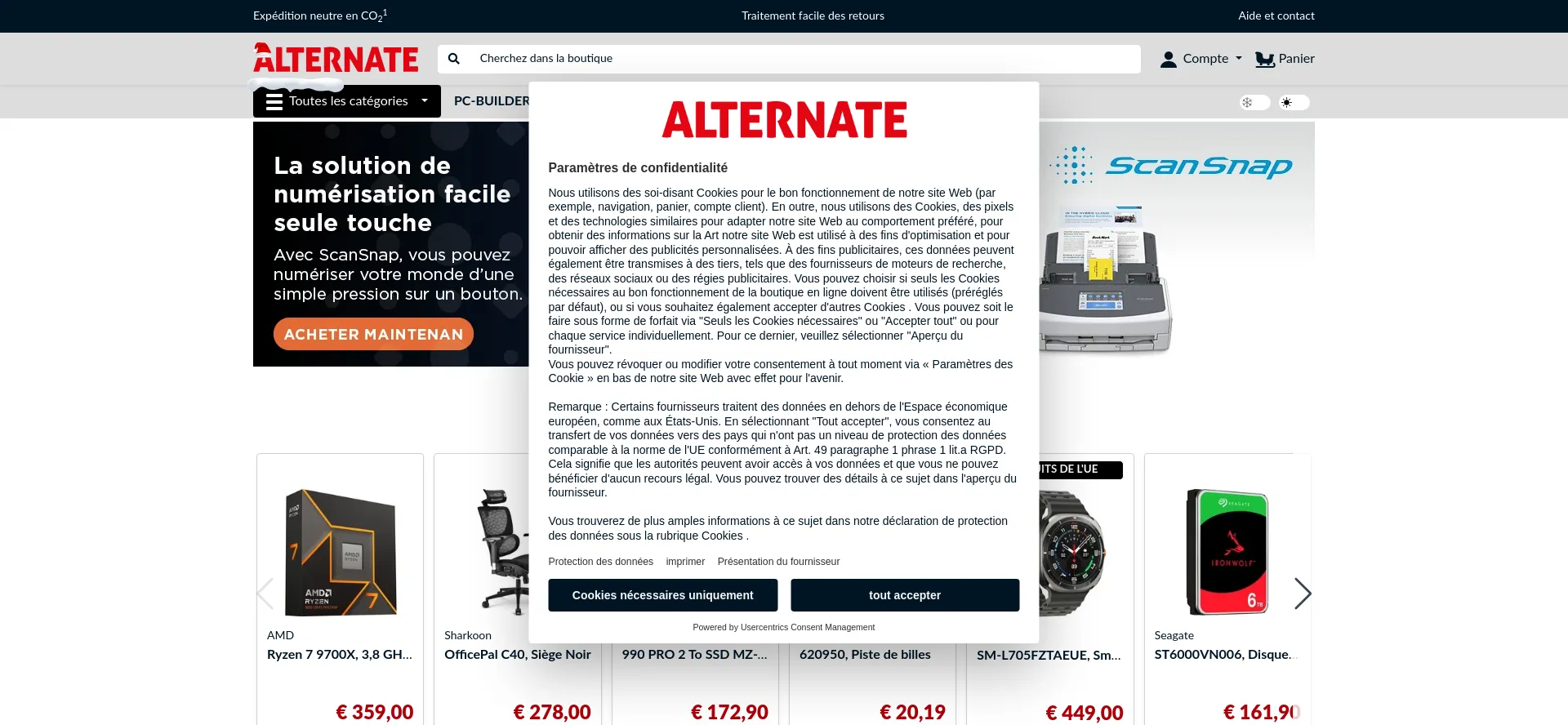 Website screenshot of Alternate.fr