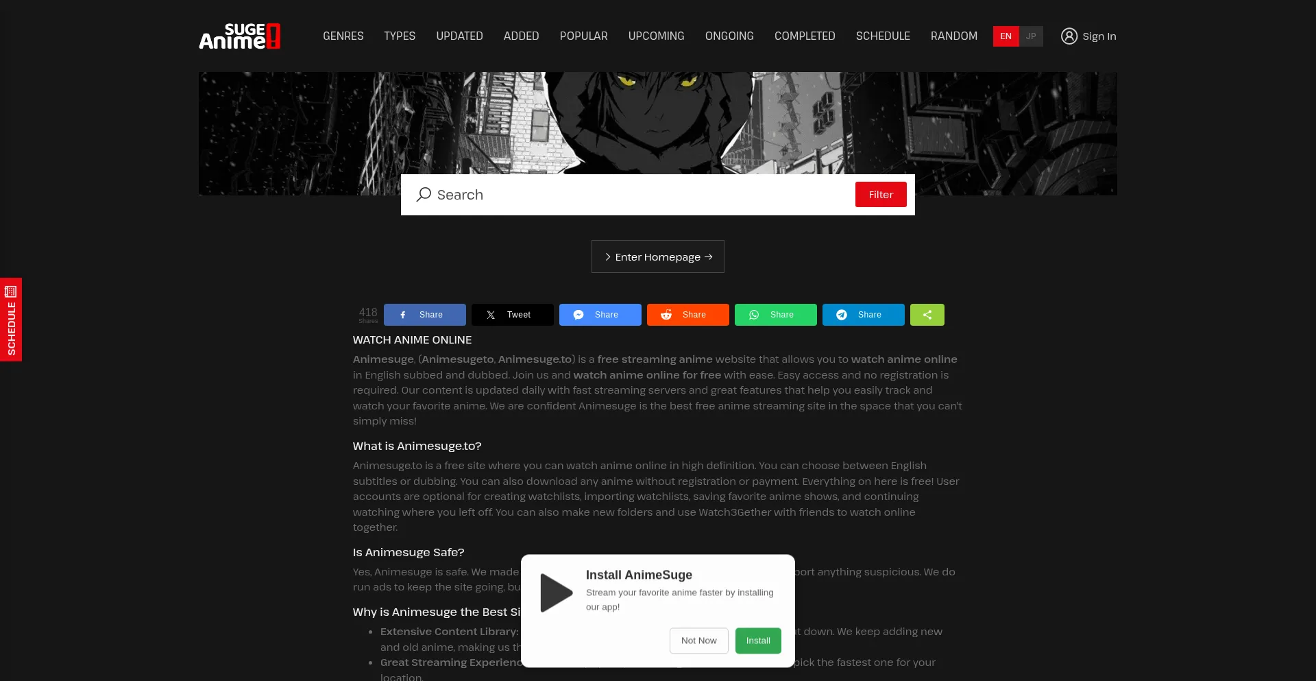 Website screenshot of Animesugez.tv