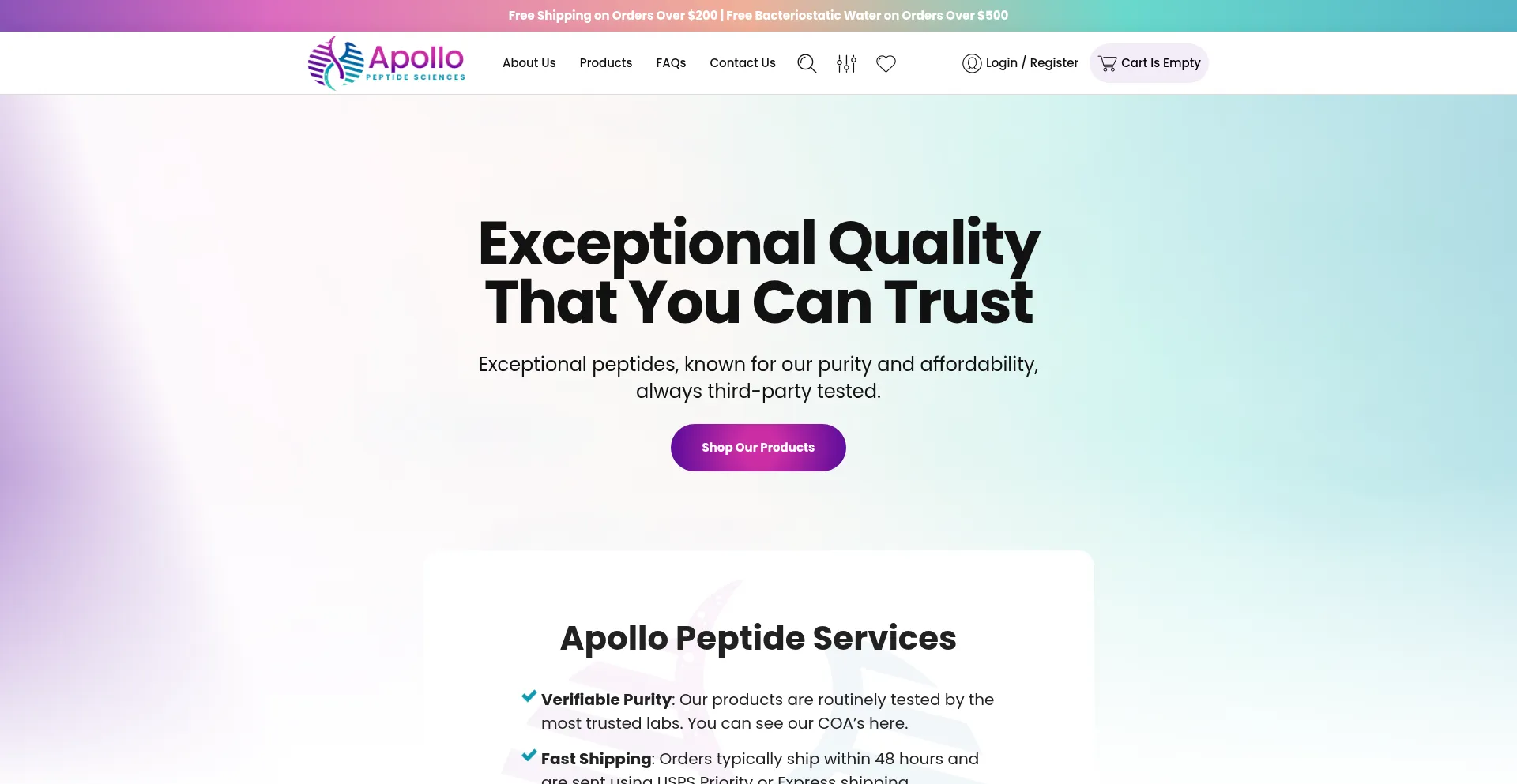 Website screenshot of Apollopeptidesciences.com