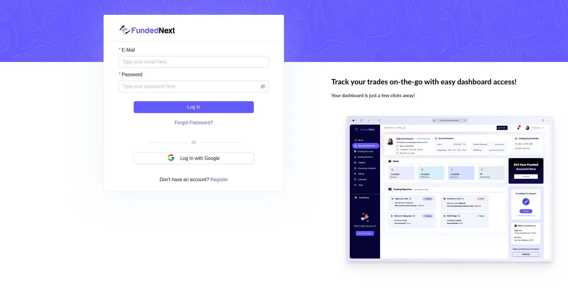 Website screenshot of App.fundednext.com