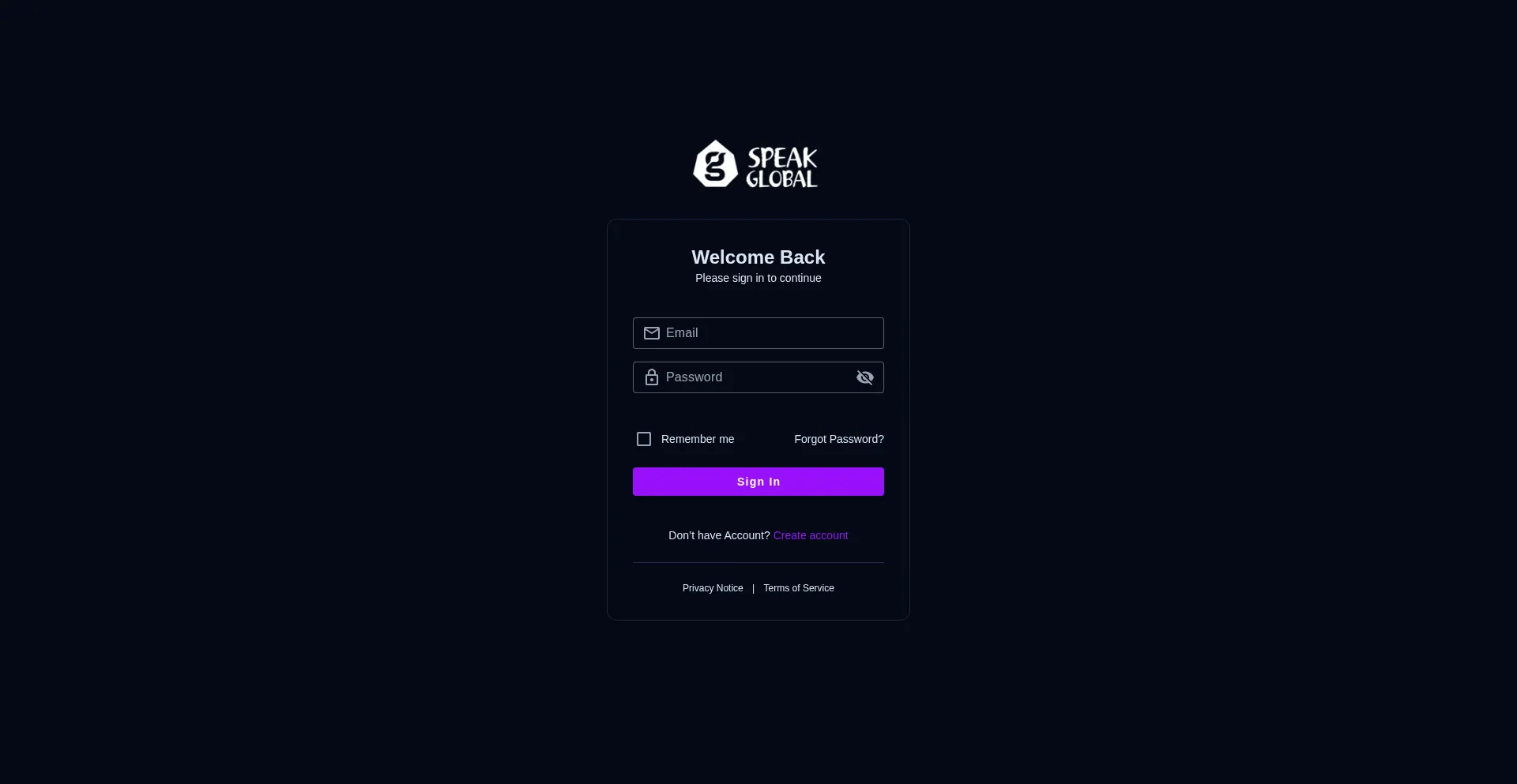 Website screenshot of App.speakglobal.io