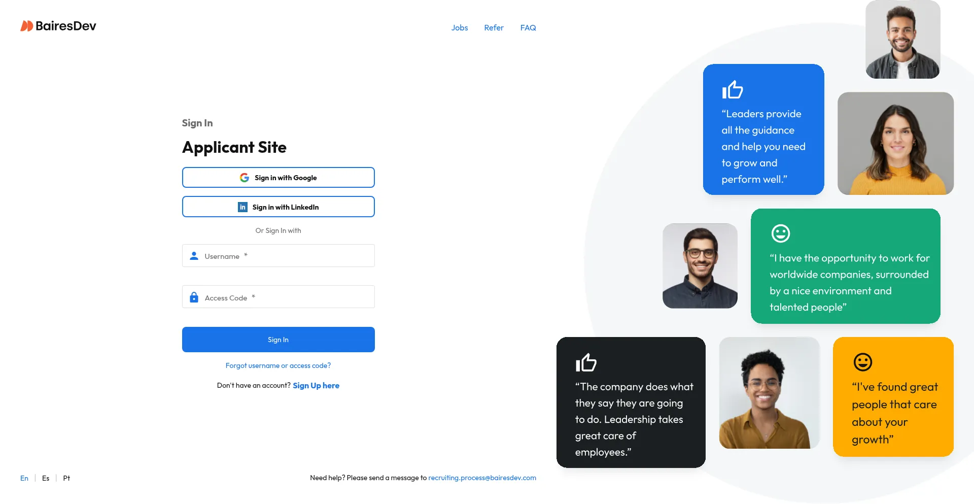 Website screenshot of Applicants.bairesdev.com