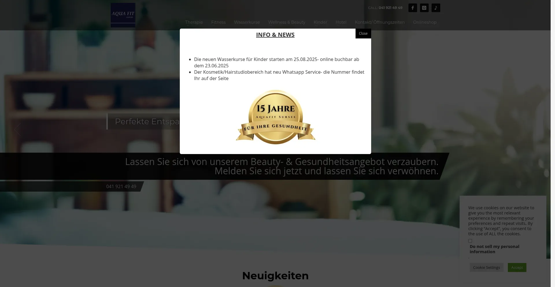 Website screenshot of Aquafitsursee.ch