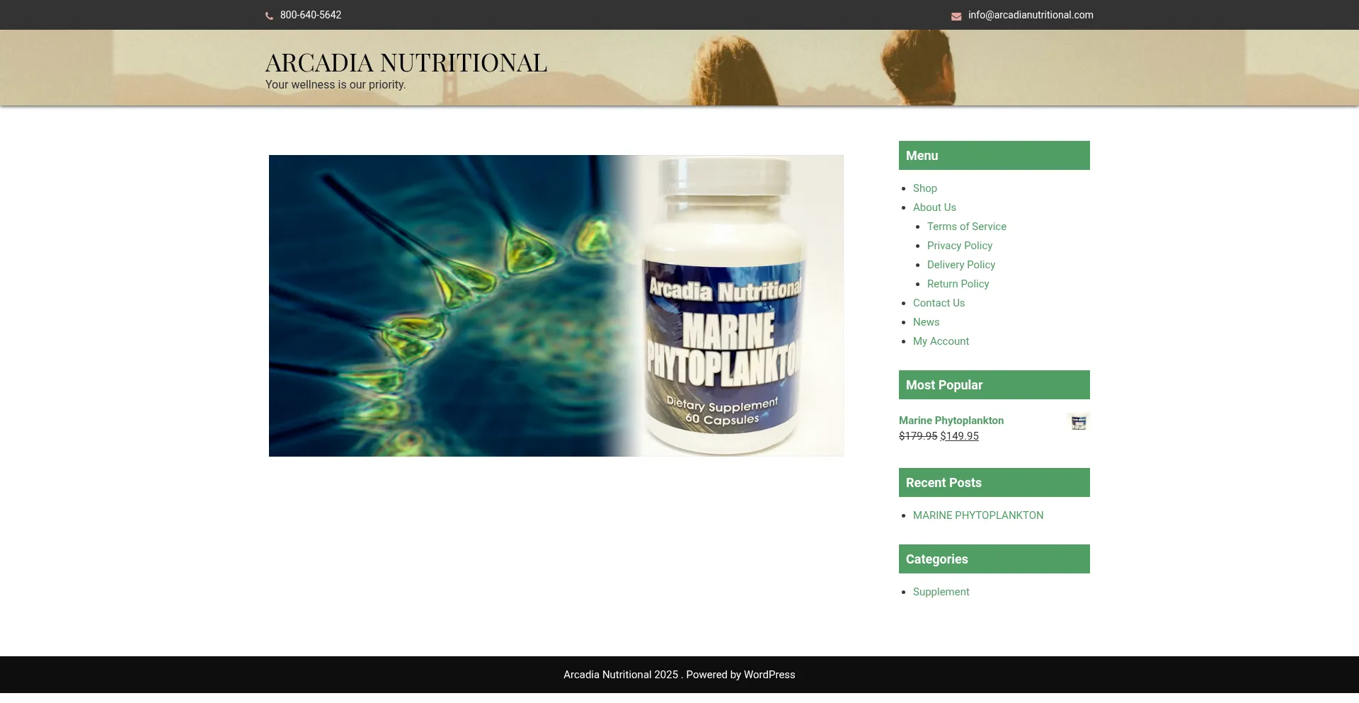 Website screenshot of Arcadianutritional.com