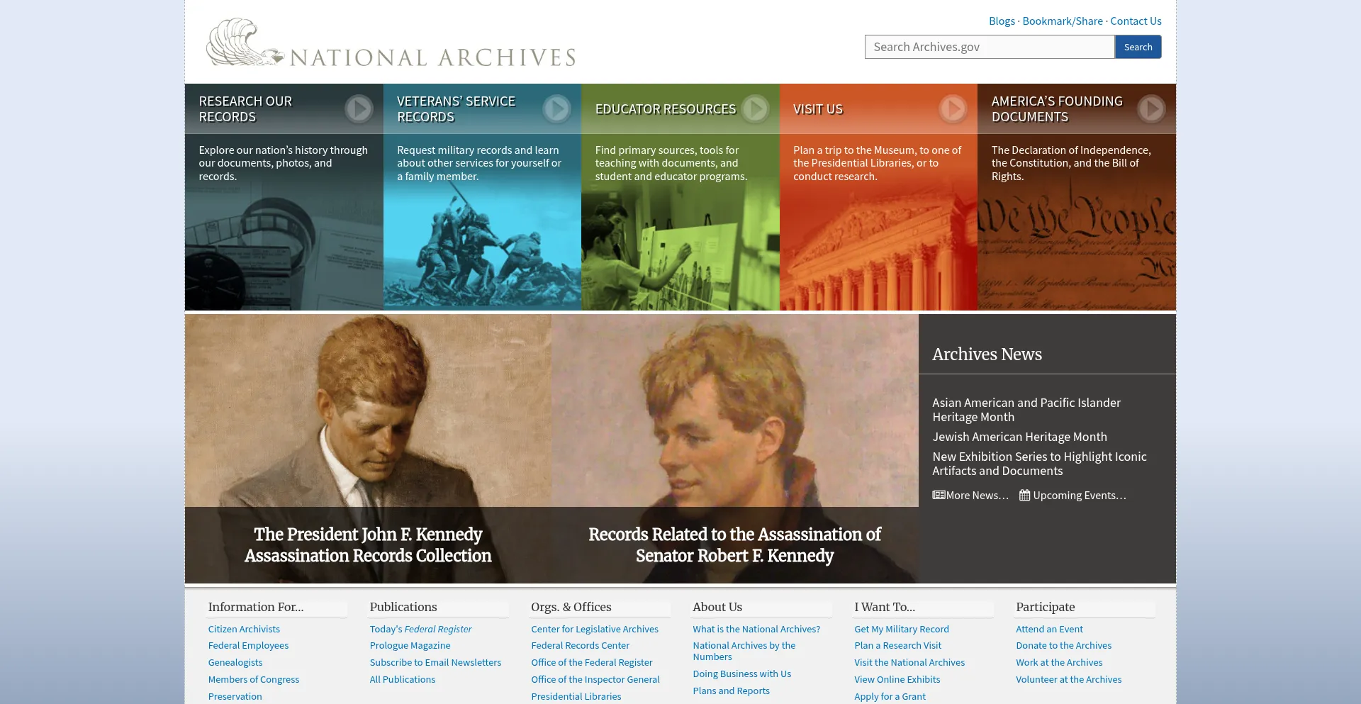 Website screenshot of Archives.gov
