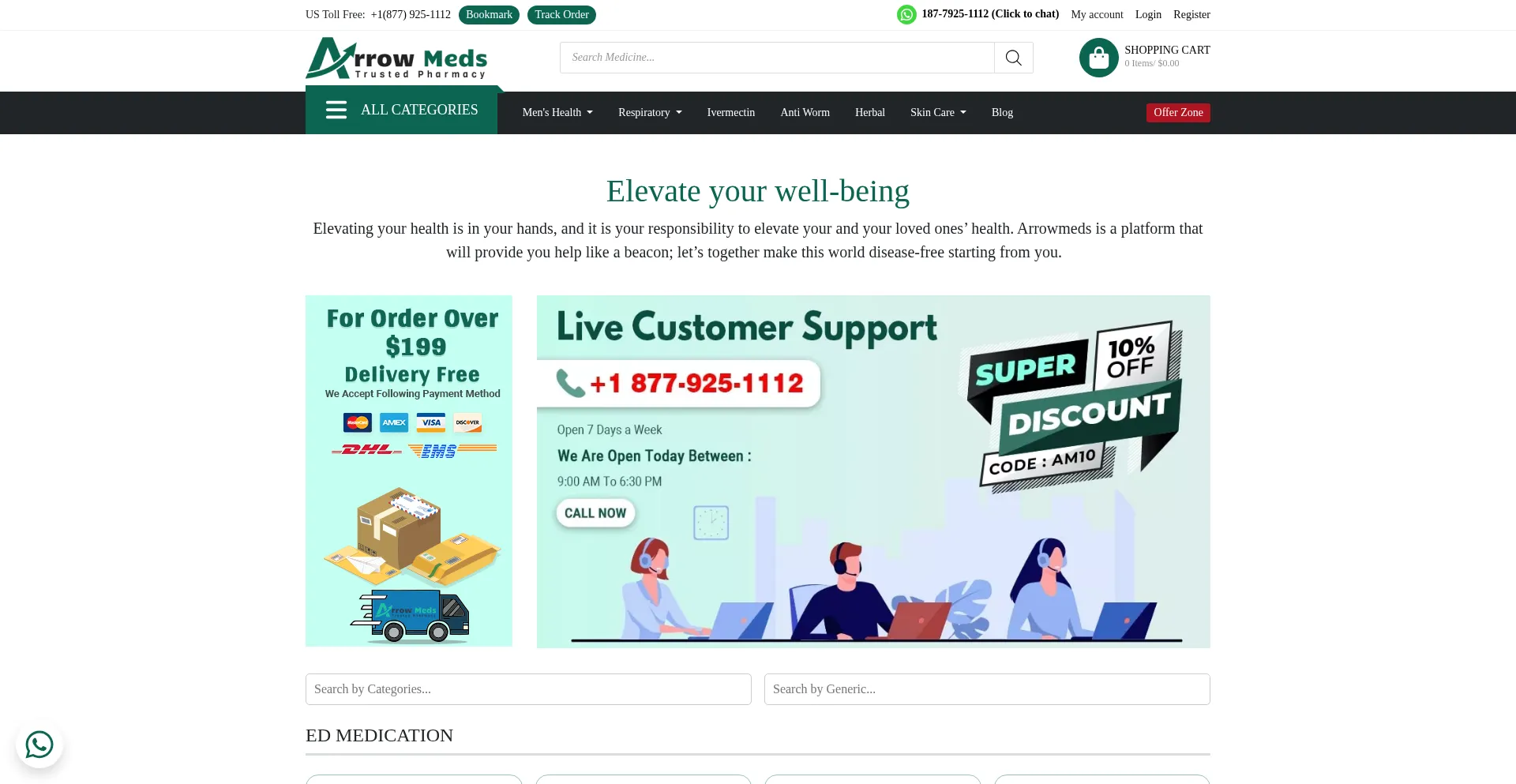 Website screenshot of Arrowmeds.com