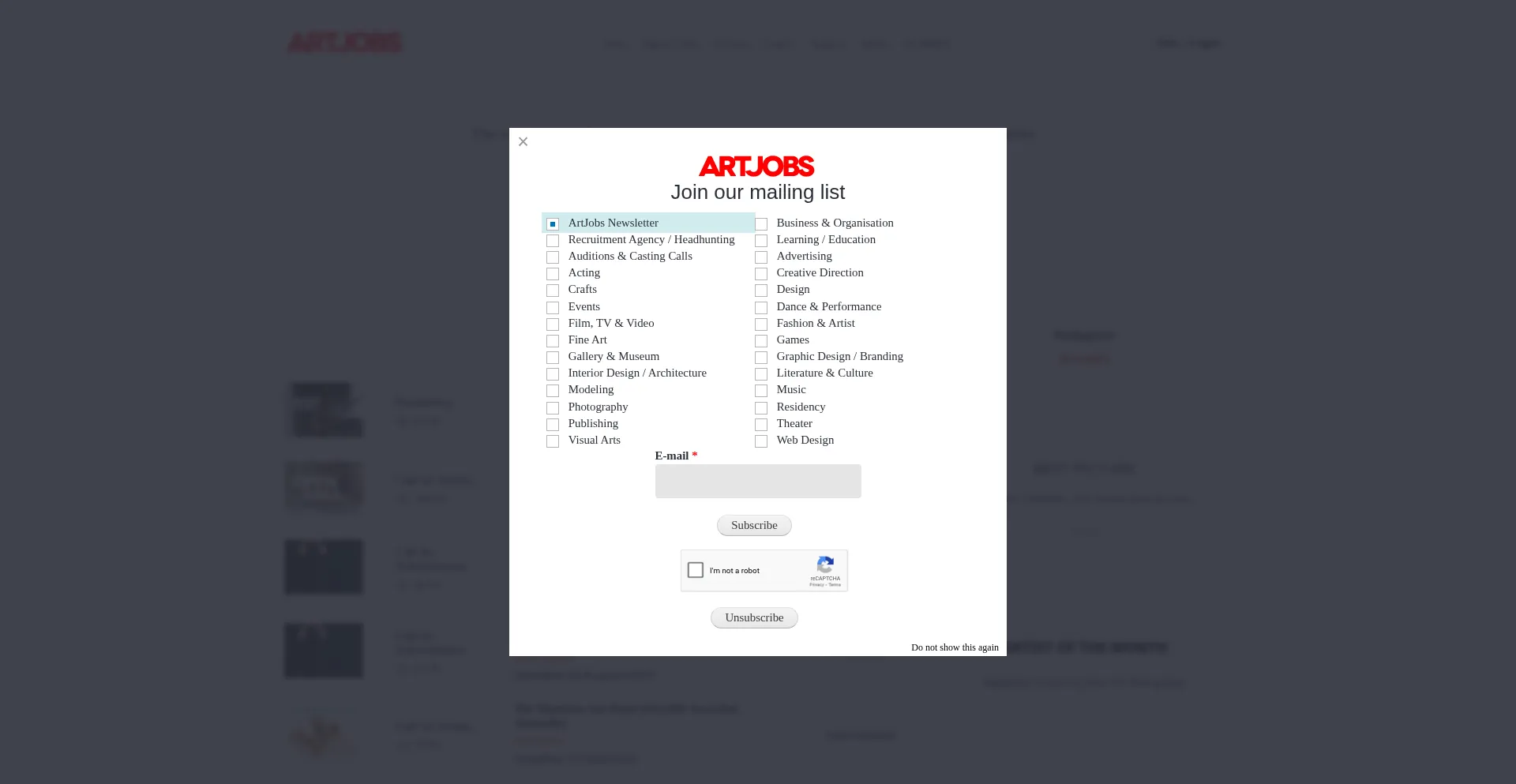 Website screenshot of Artjobs.com