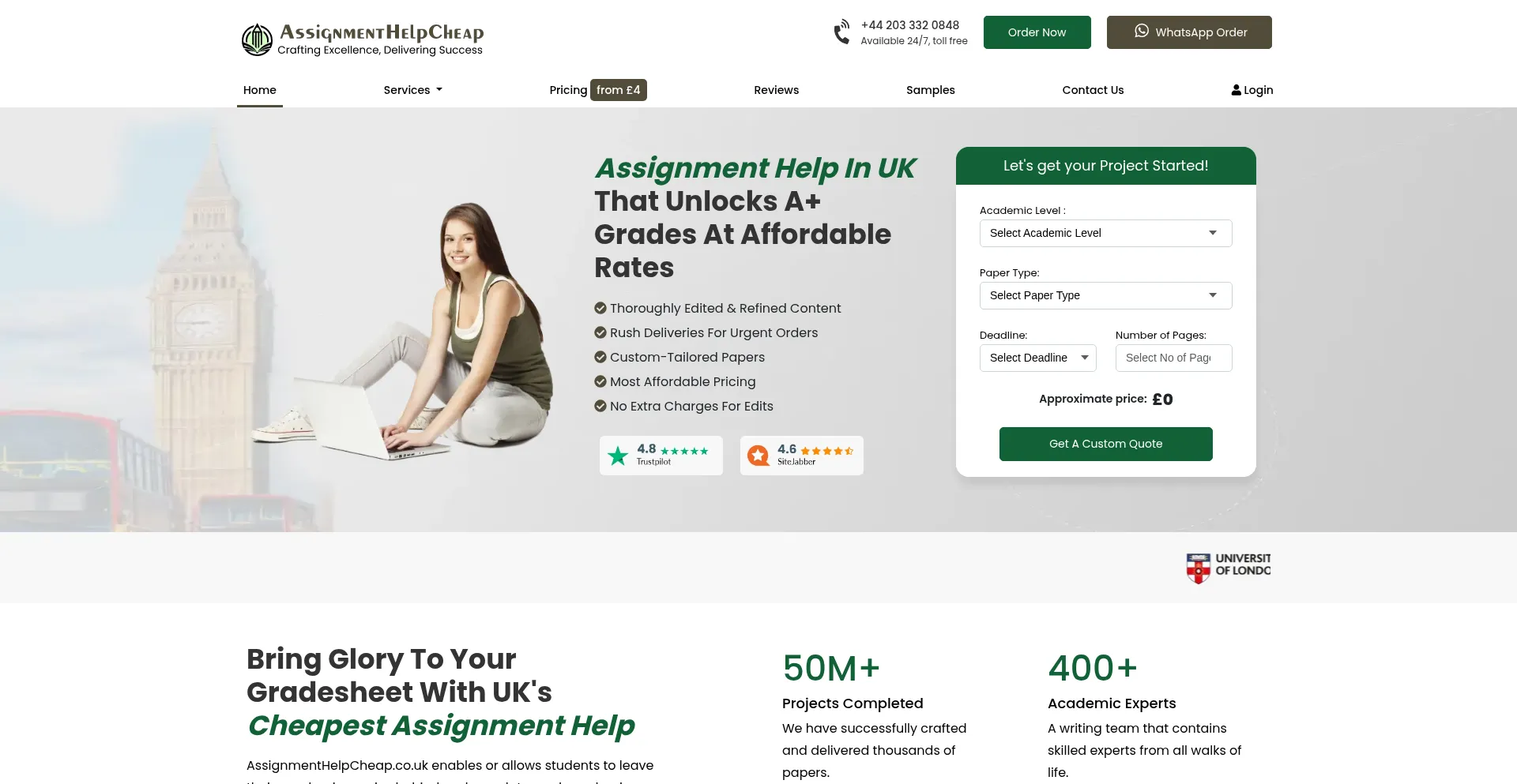 Website screenshot of Assignmenthelpcheap.co.uk