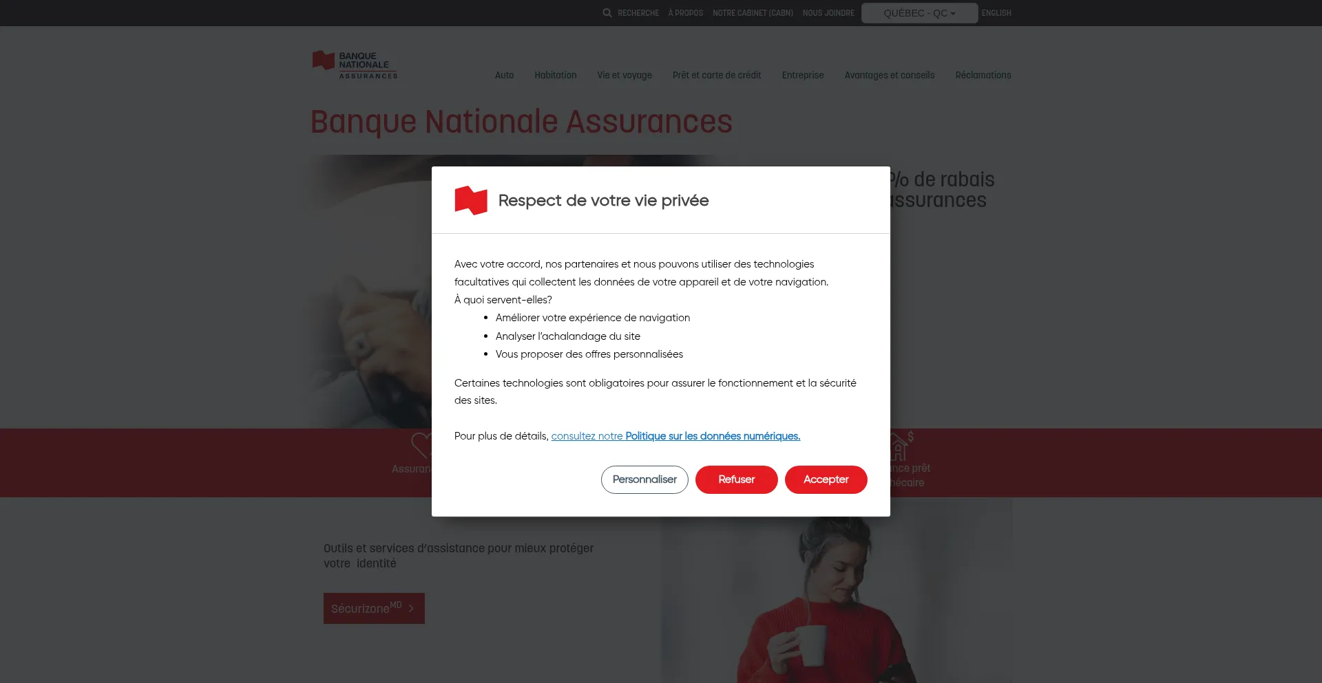 Website screenshot of Assurances-bnc.ca