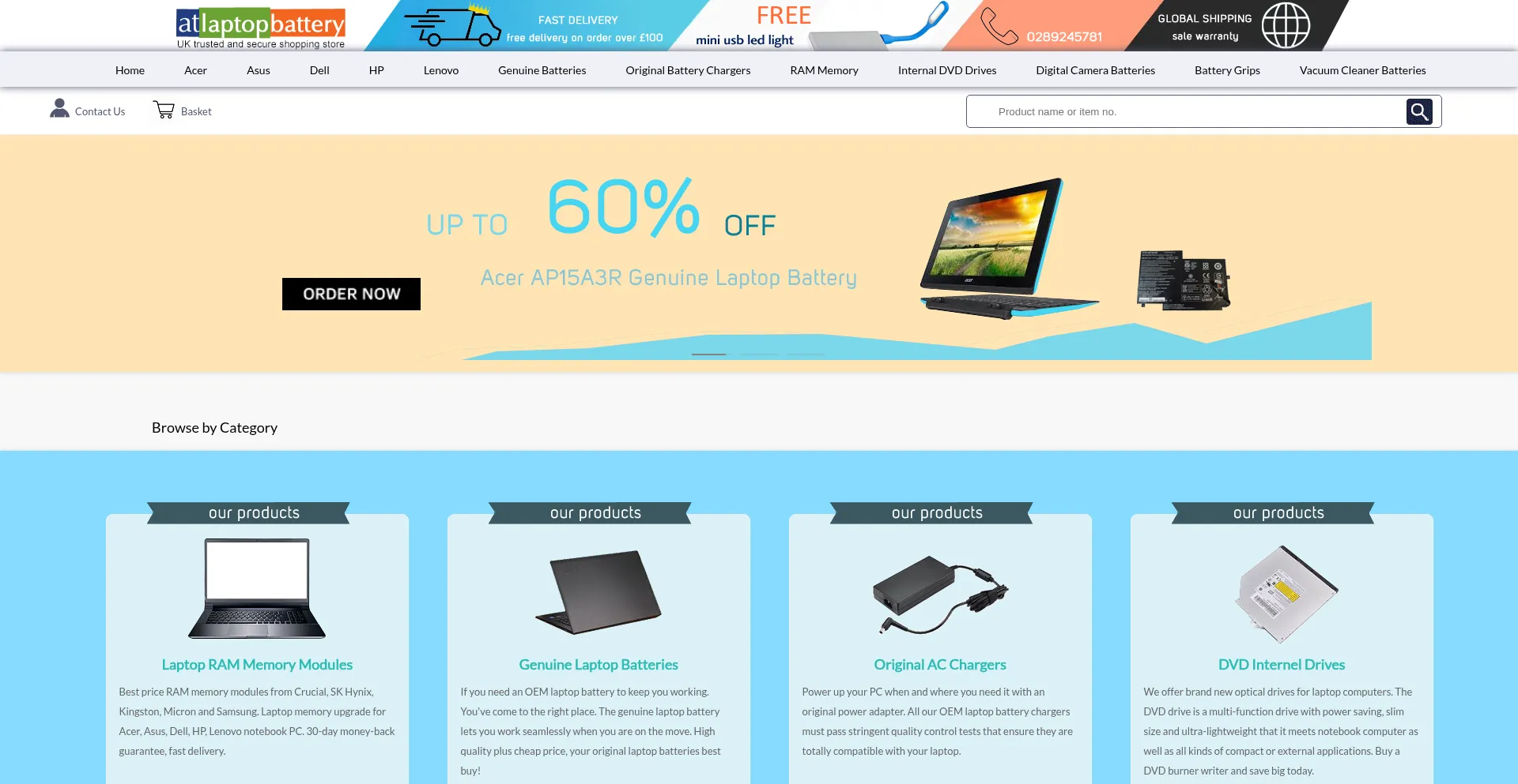 Website screenshot of Atlaptopbattery.co.uk