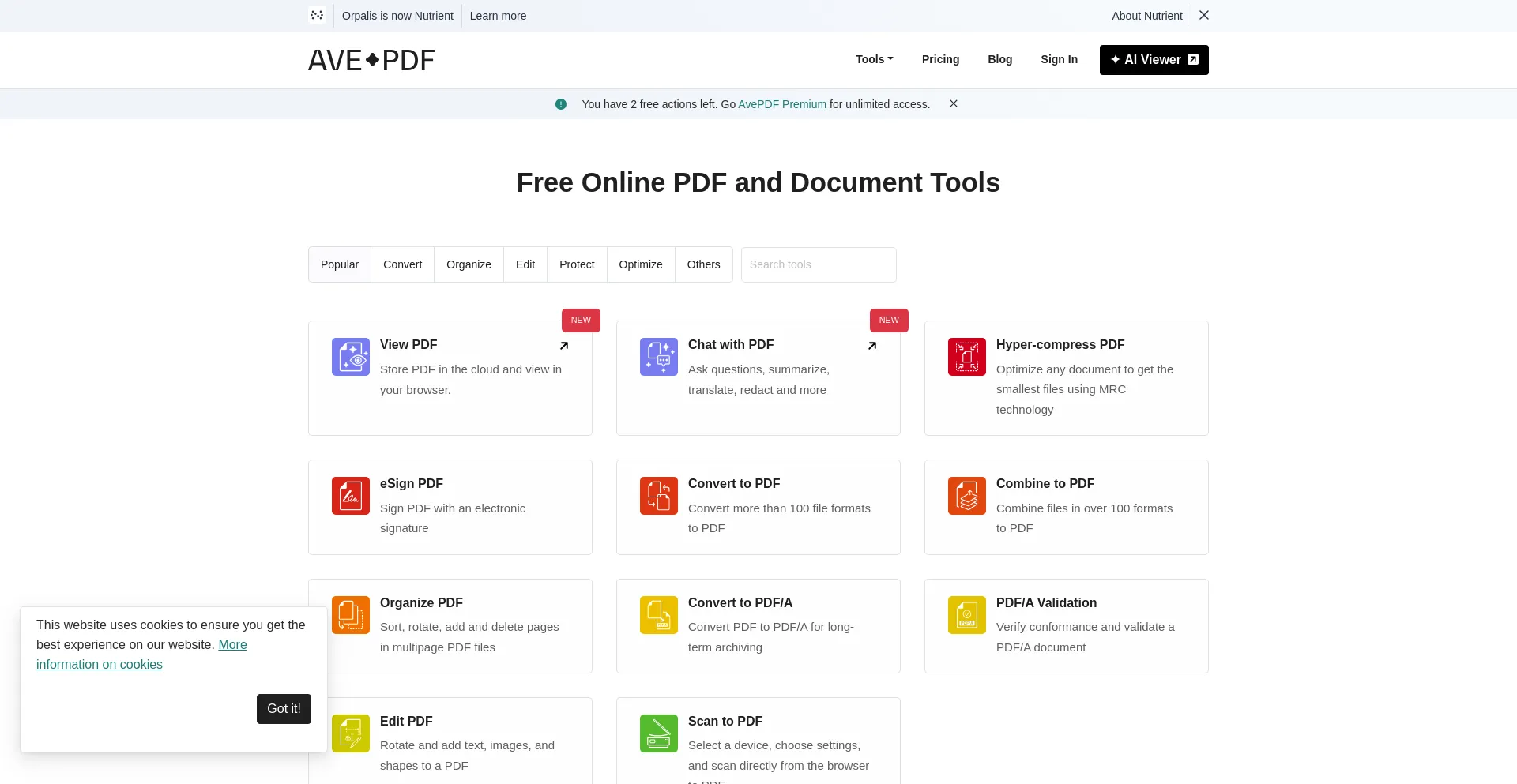 Website screenshot of Avepdf.com