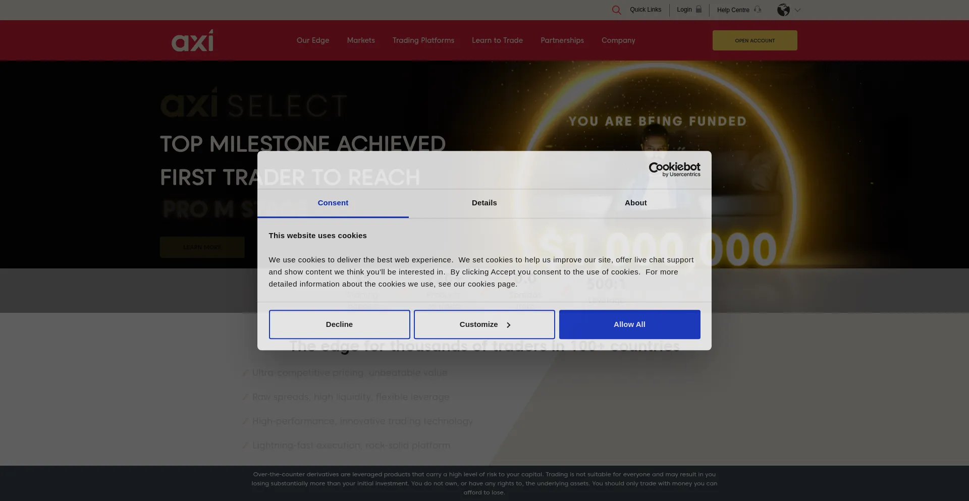 Website screenshot of Axi.com