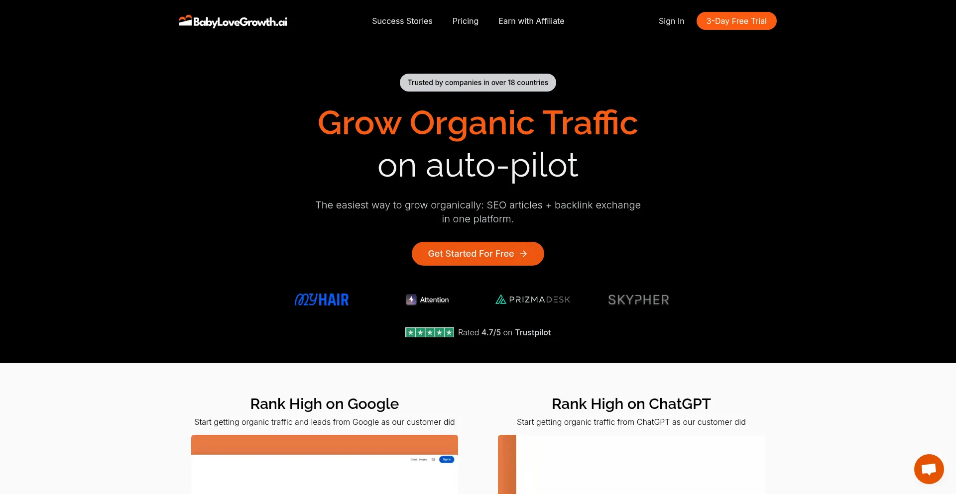 Website screenshot of Babylovegrowth.ai