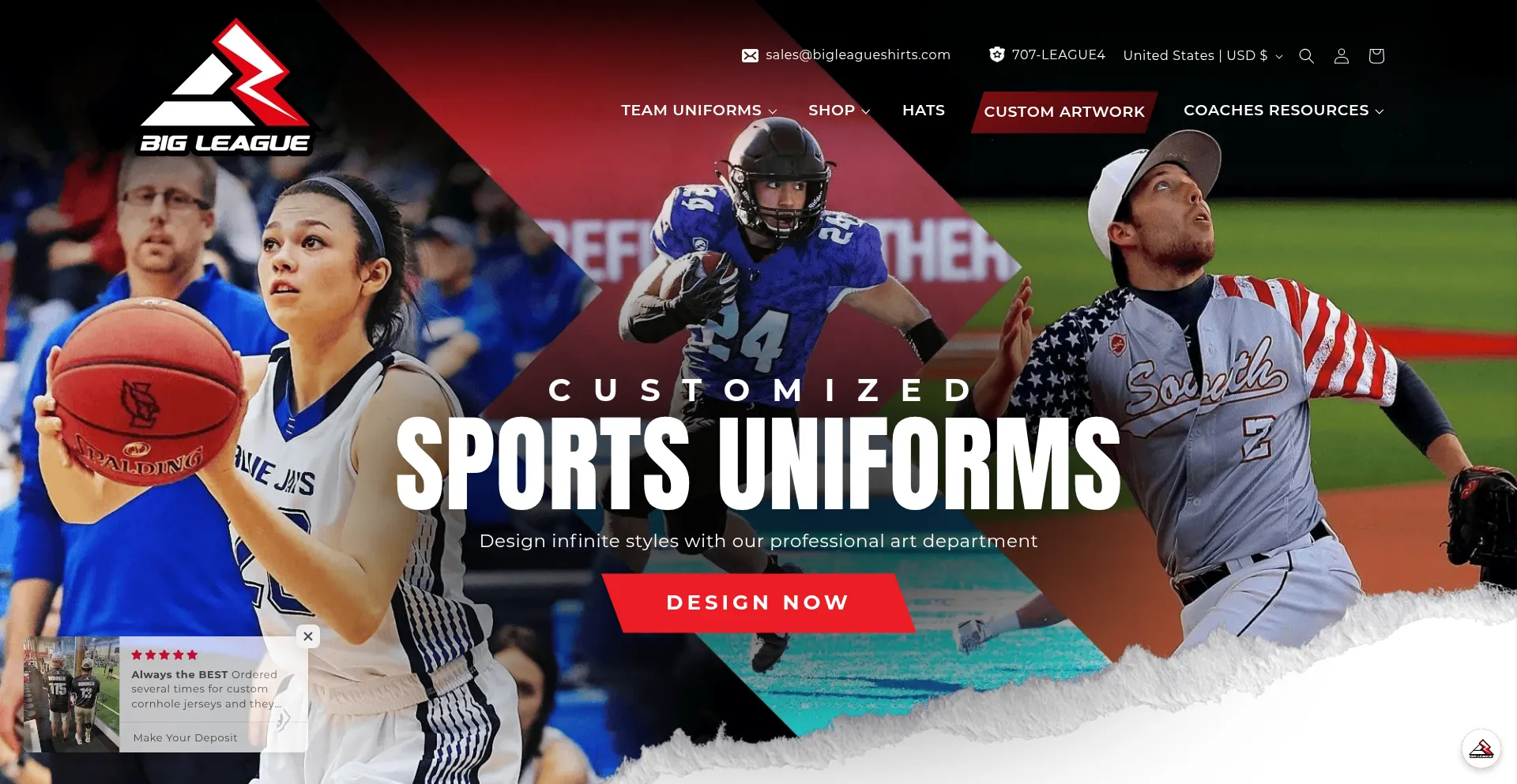 Website screenshot of Bigleagueshirts.com