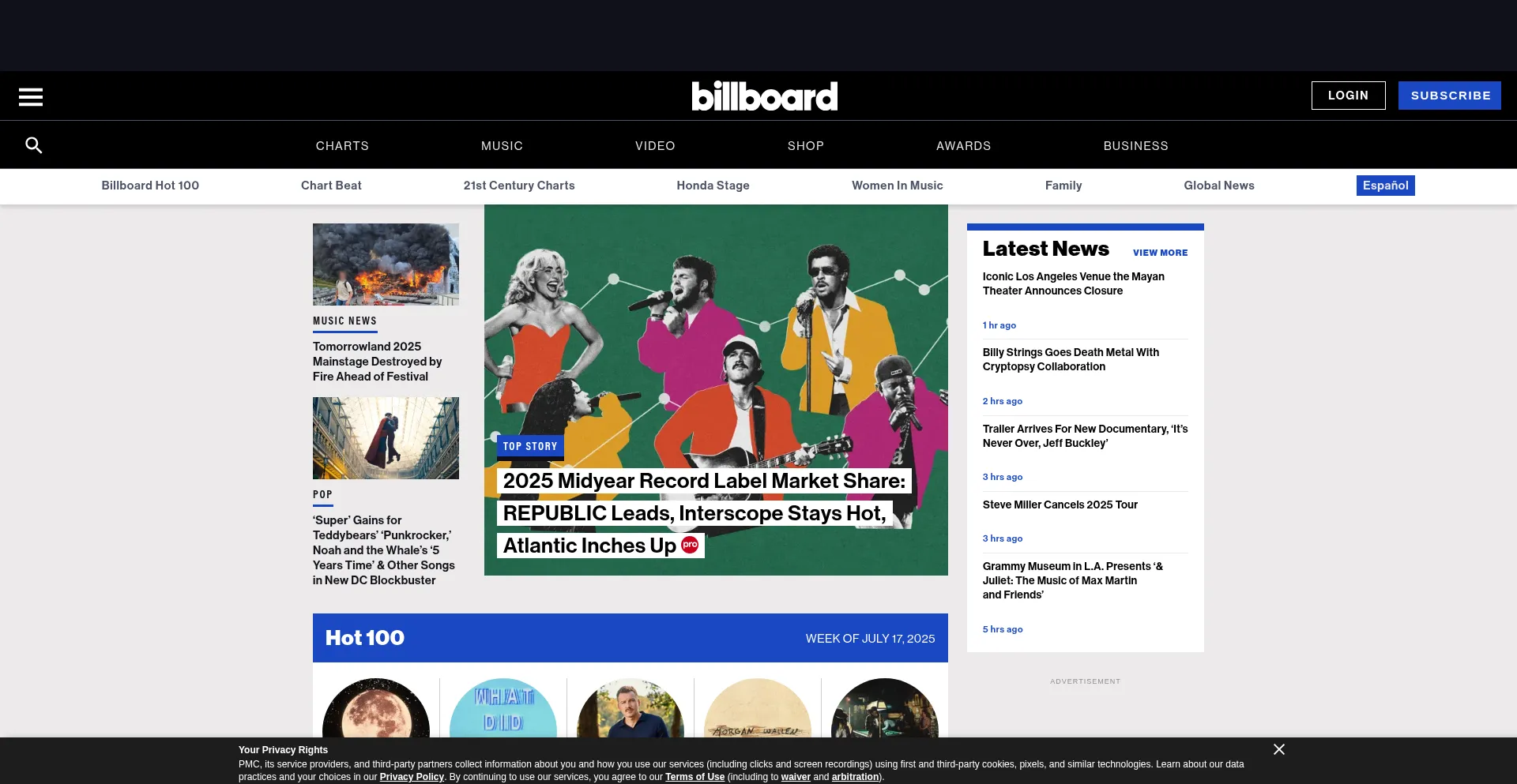 Website screenshot of Billboard.com