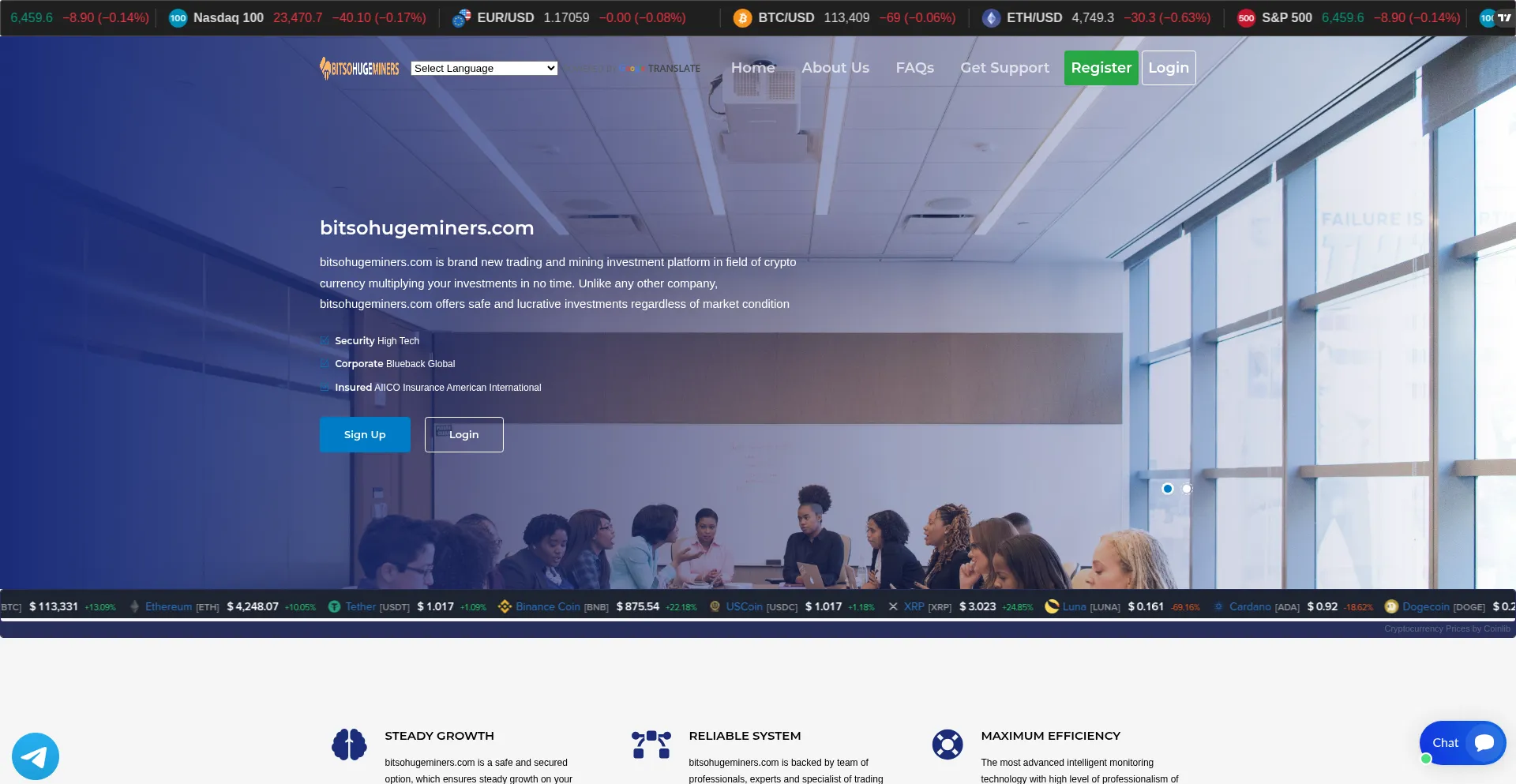 Website screenshot of Bitsohugeminers.com