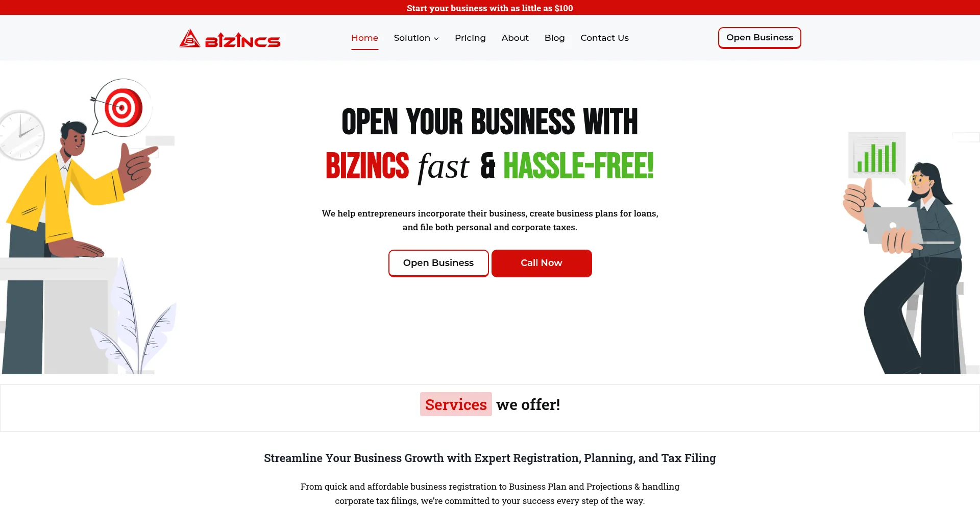 Website screenshot of Bizincs.com