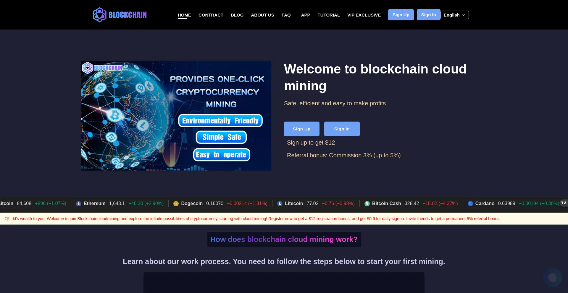 Website screenshot of Blockchaincloudmining.com