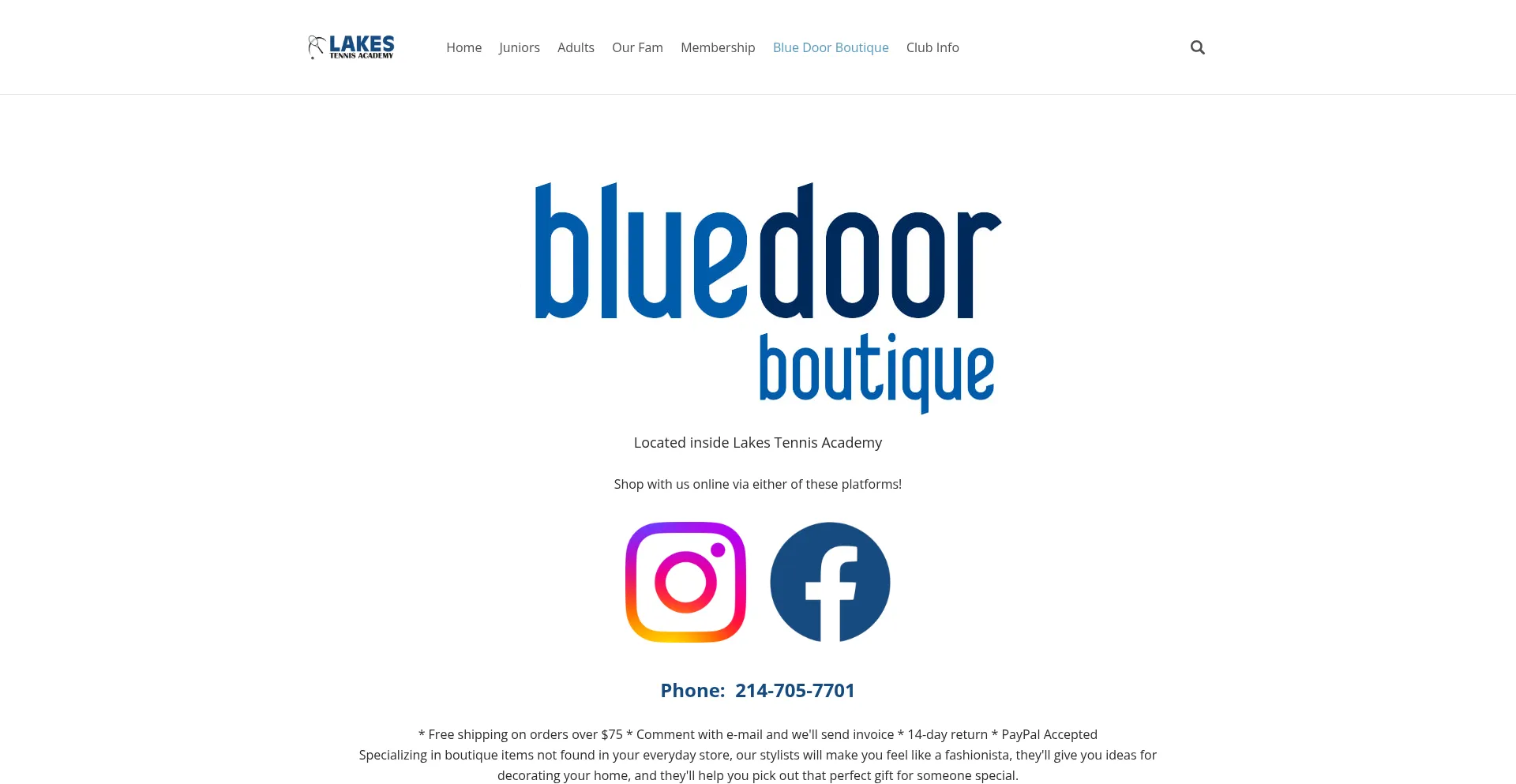 Website screenshot of Bluedoorboutique.com