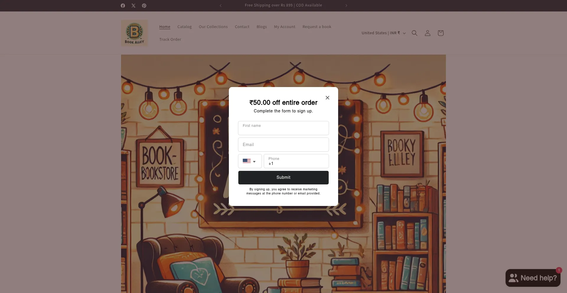Website screenshot of Bookalley.in