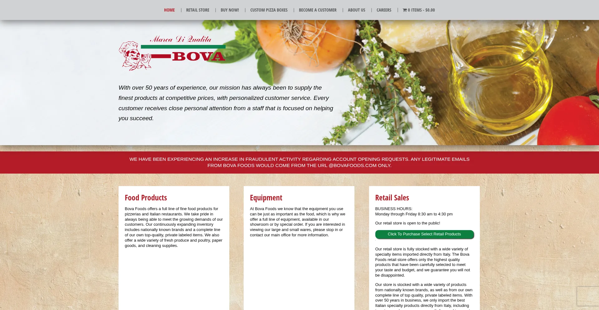 Website screenshot of Bovafoods.com