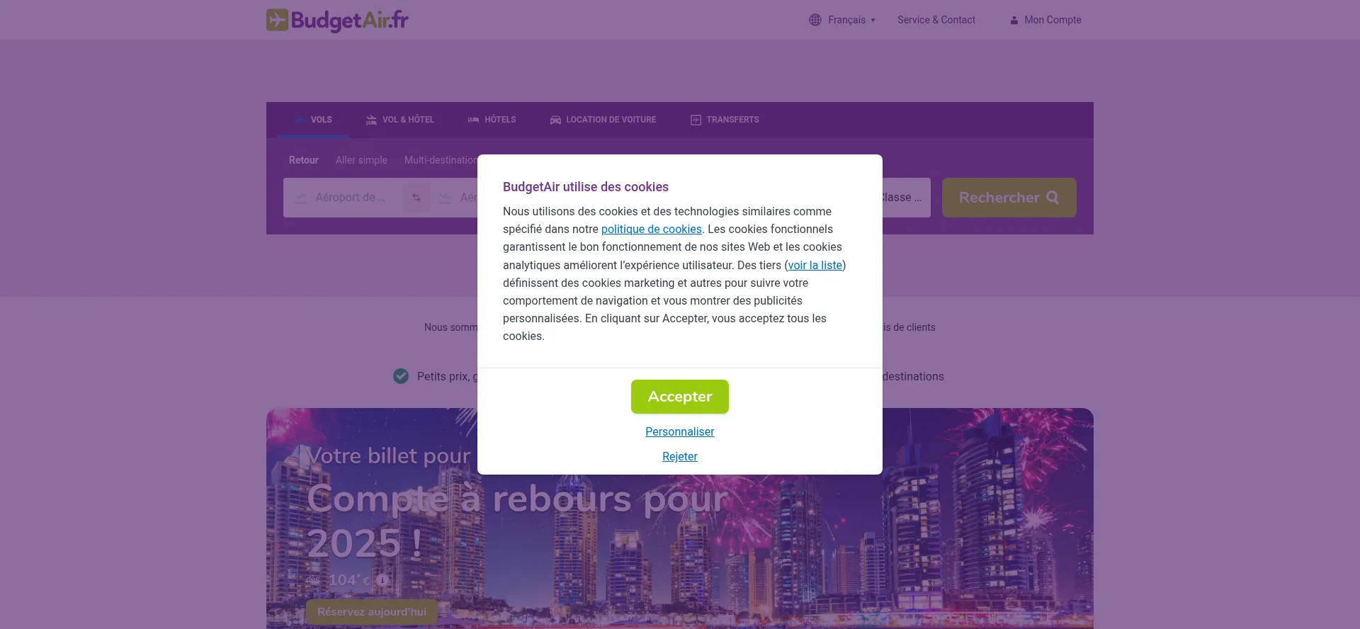 Website screenshot of Budgetair.fr