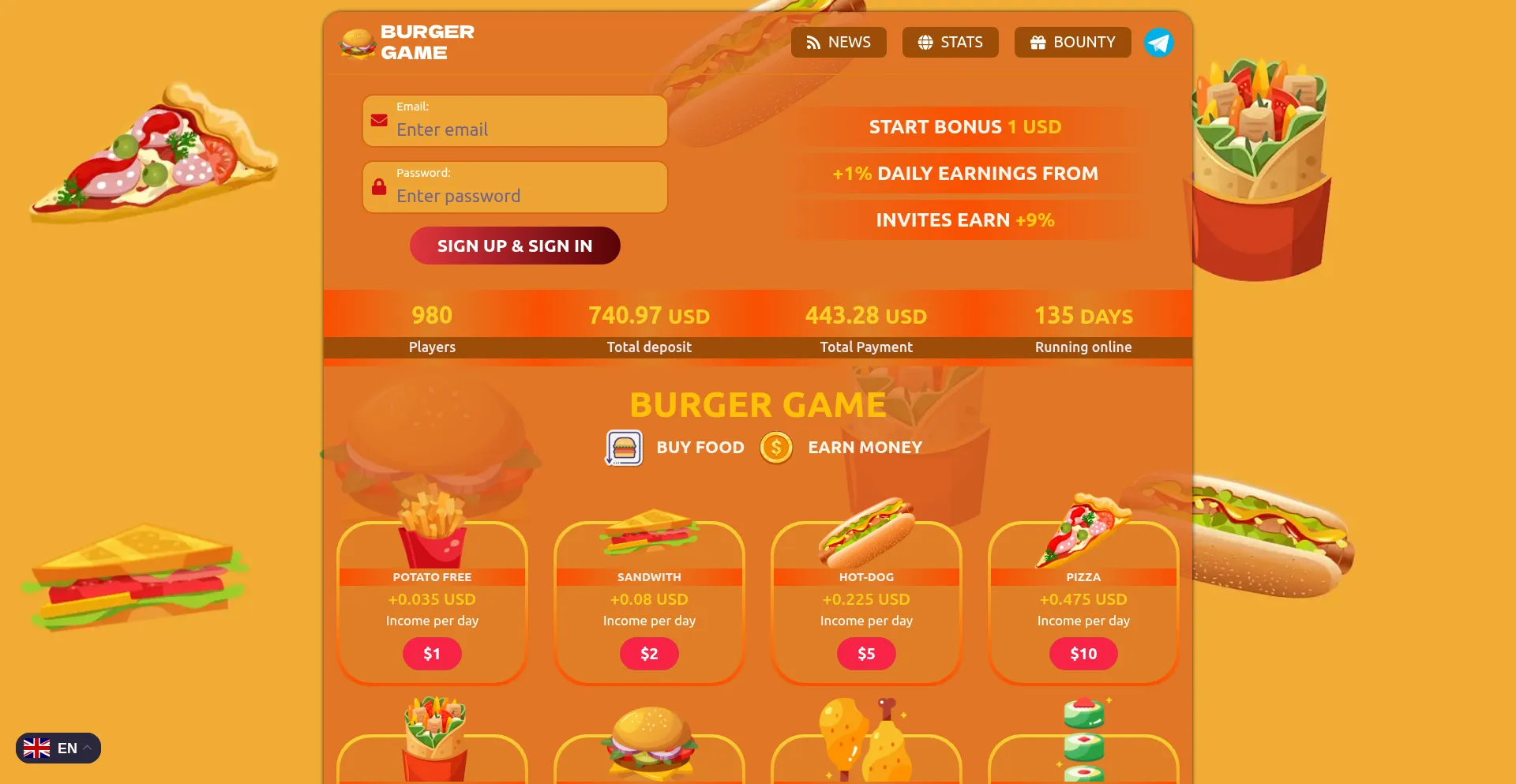 Website screenshot of Burgergame.biz