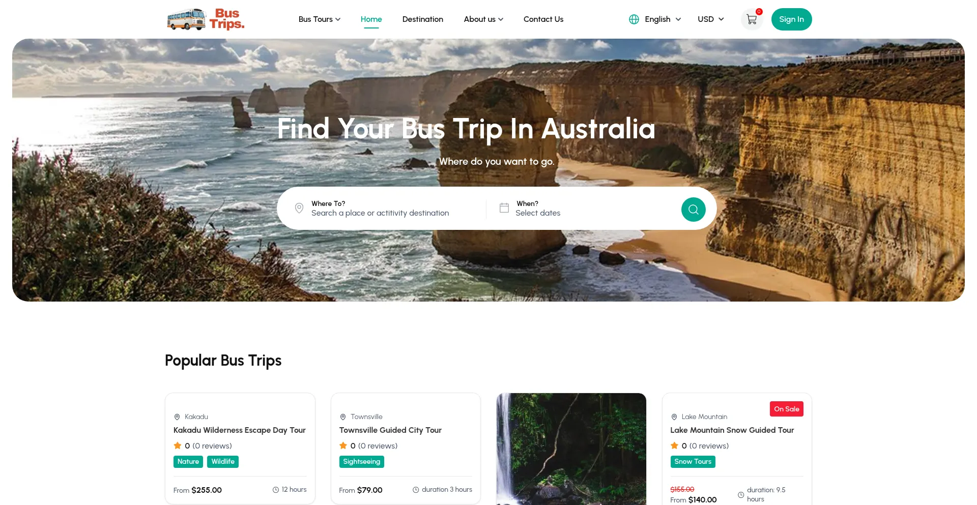 Website screenshot of Bustrips.com.au