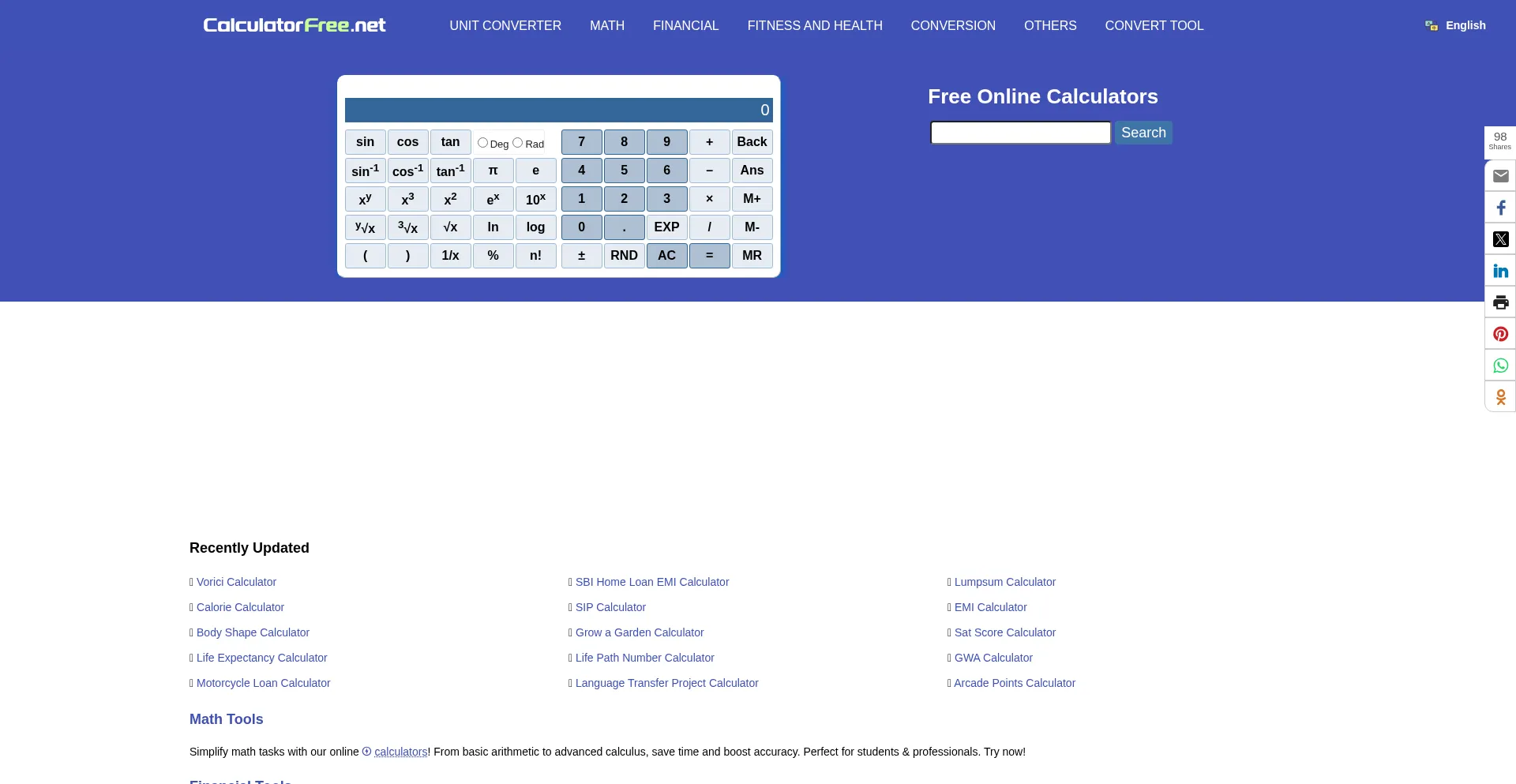 Website screenshot of Calculatorfree.net
