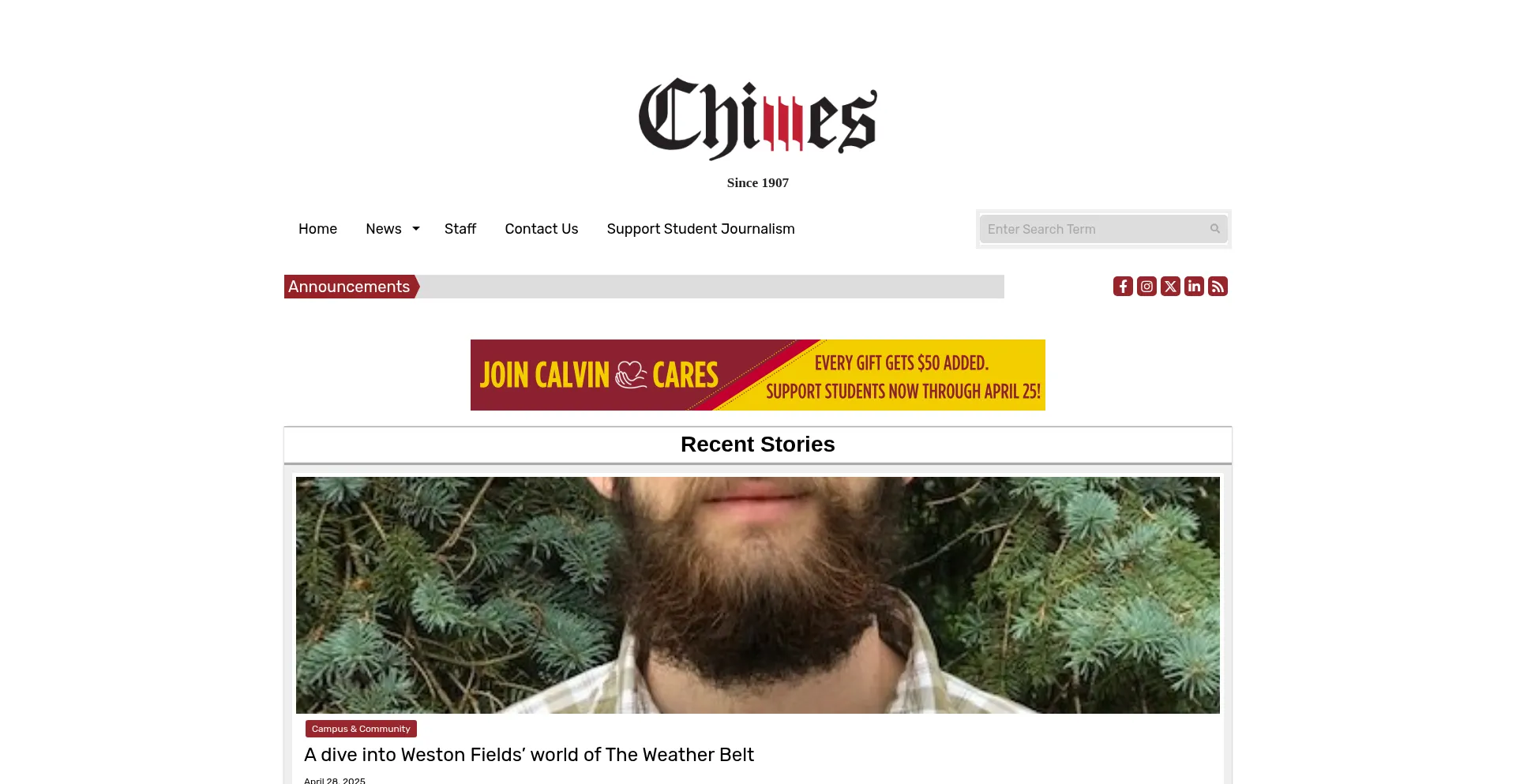Website screenshot of Calvinchimes.org