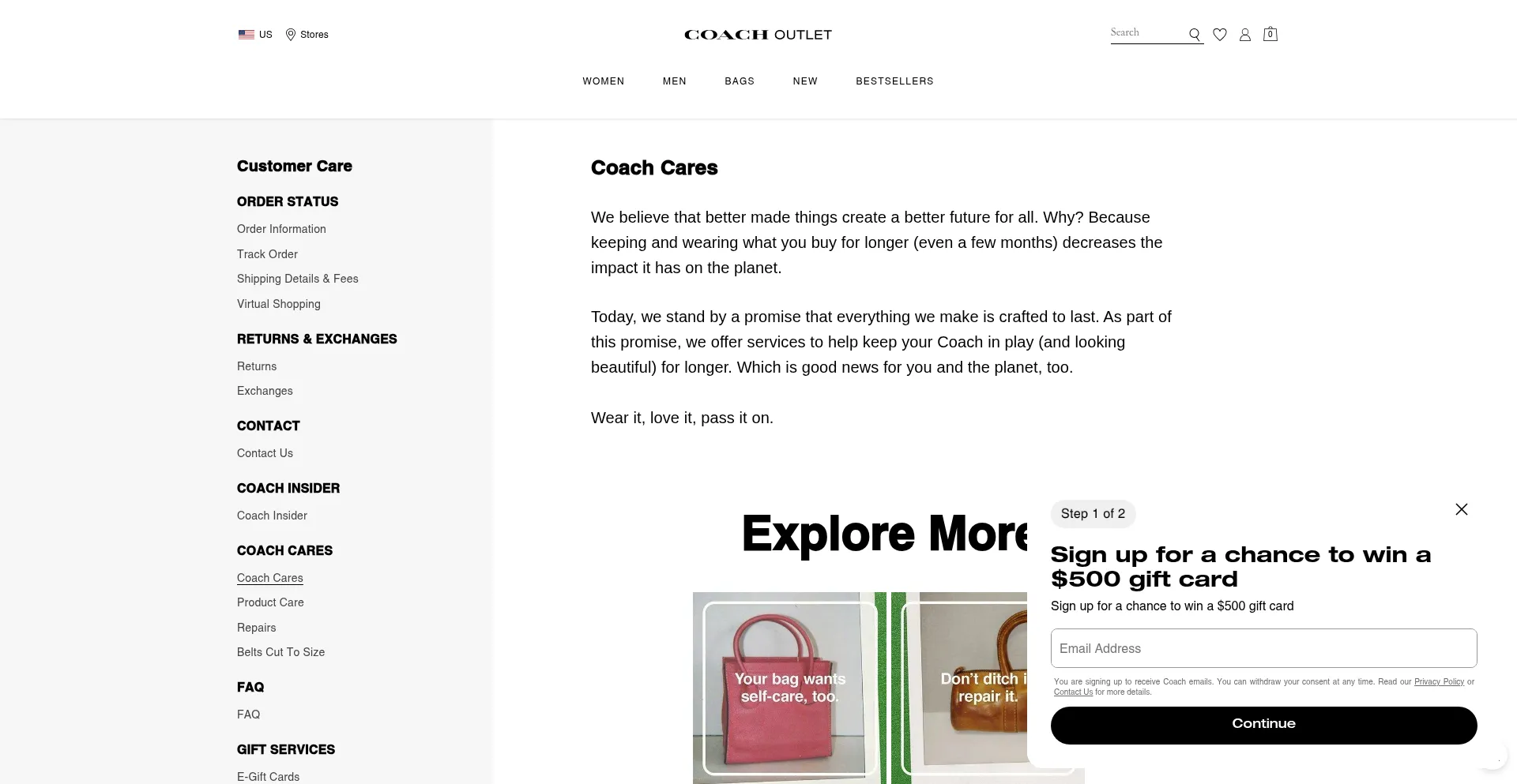 Care.coachoutlet.com Screenshot