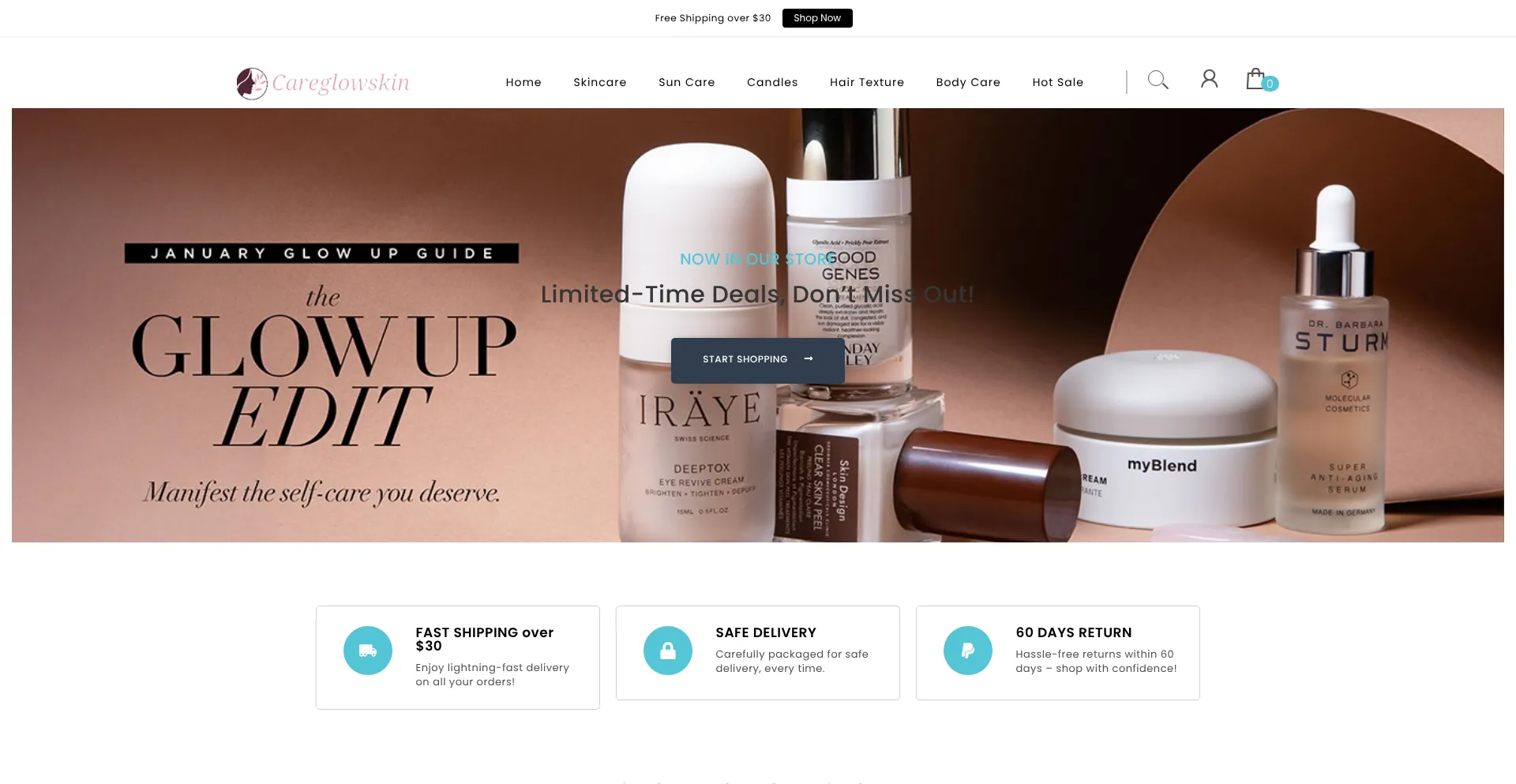 Website screenshot of Careglowskin.com
