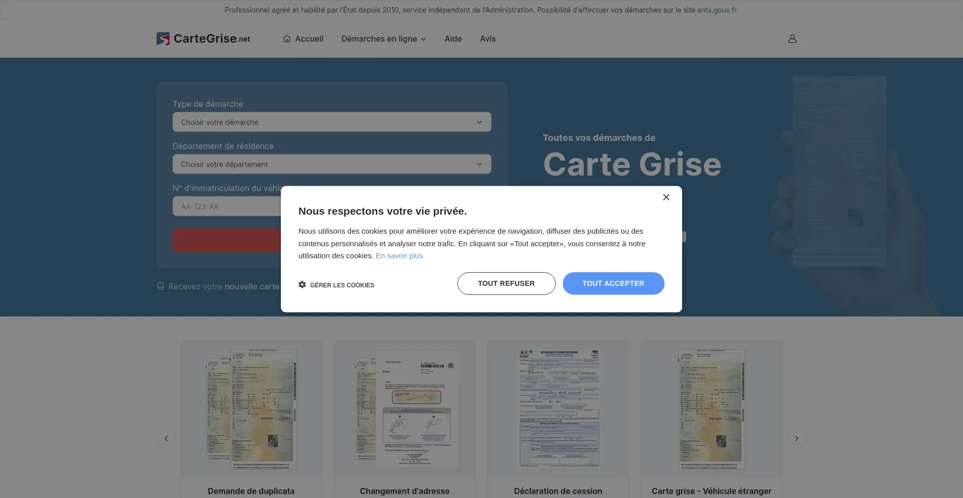 Website screenshot of Cartegrise.net