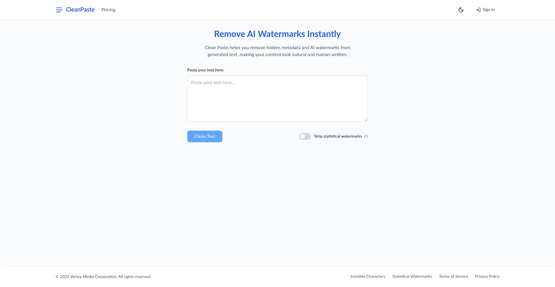 Website screenshot of Cleanpaste.site
