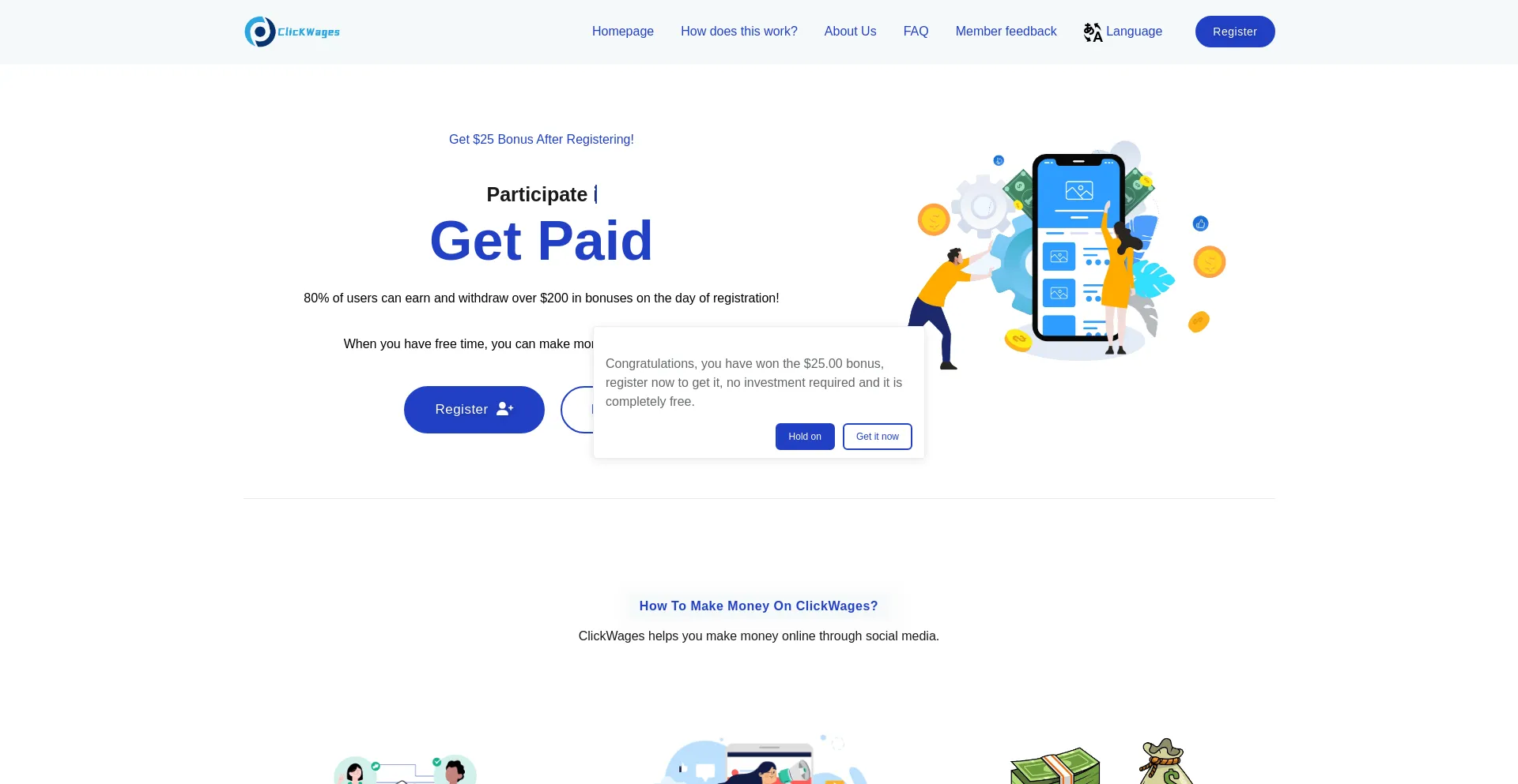 Website screenshot of Clickqgewages.buzz
