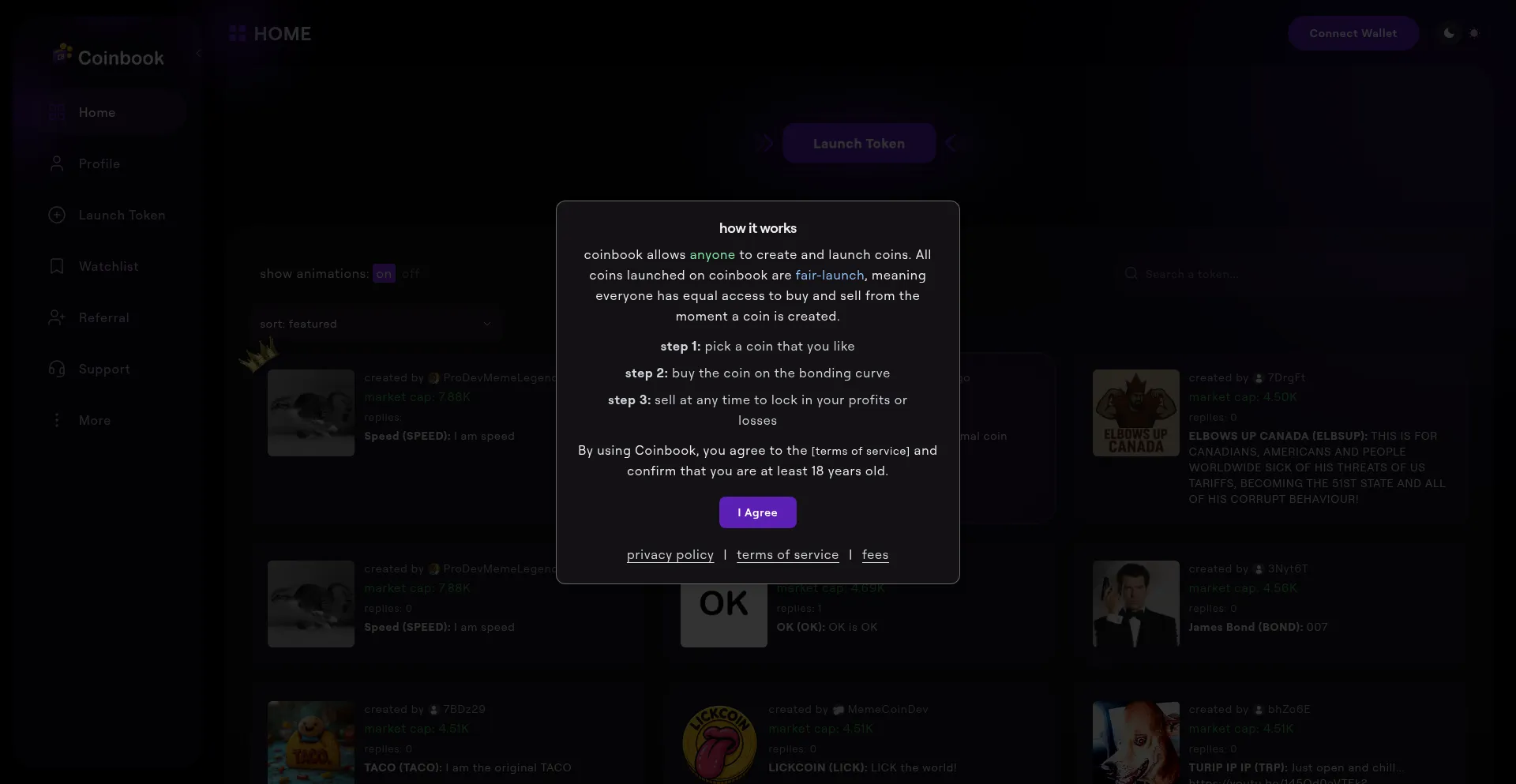 Website screenshot of Coinbook.fun