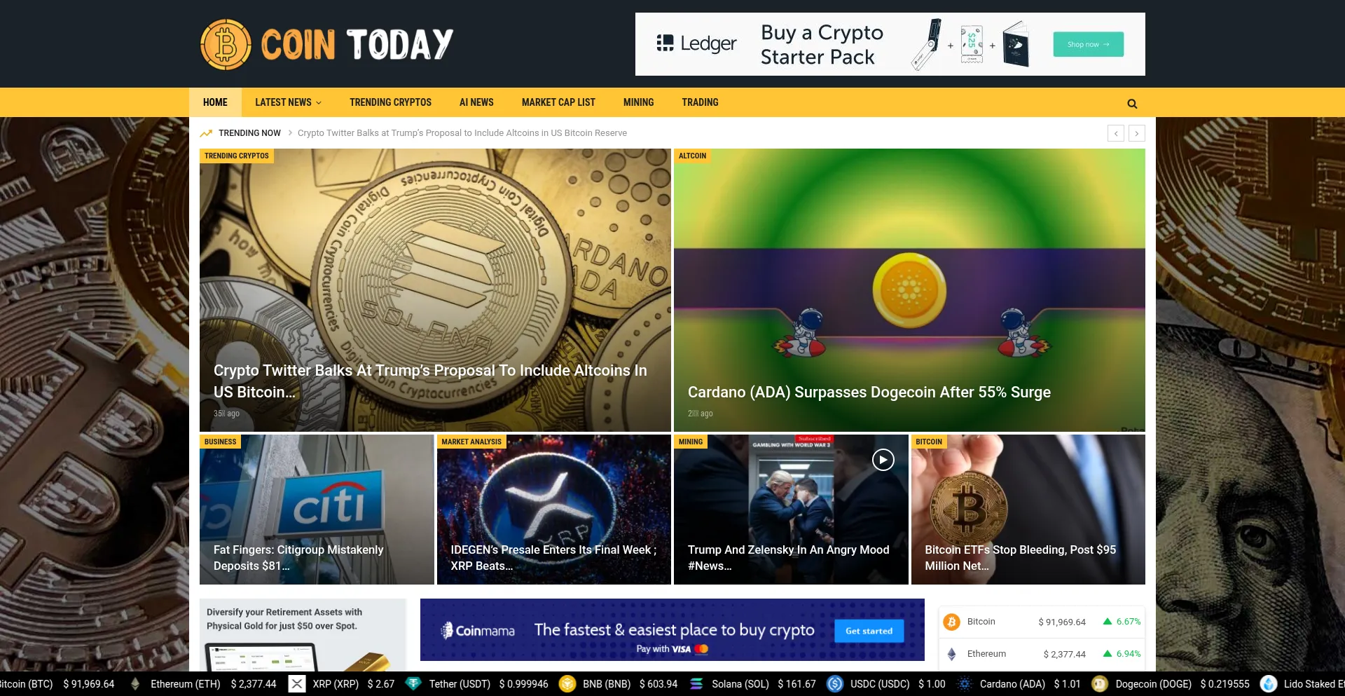 Website screenshot of Cointoday.live