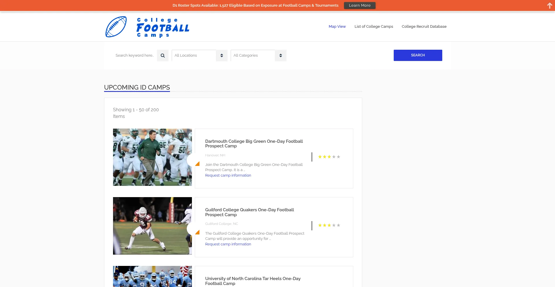 Website screenshot of Collegefootballcamps.co