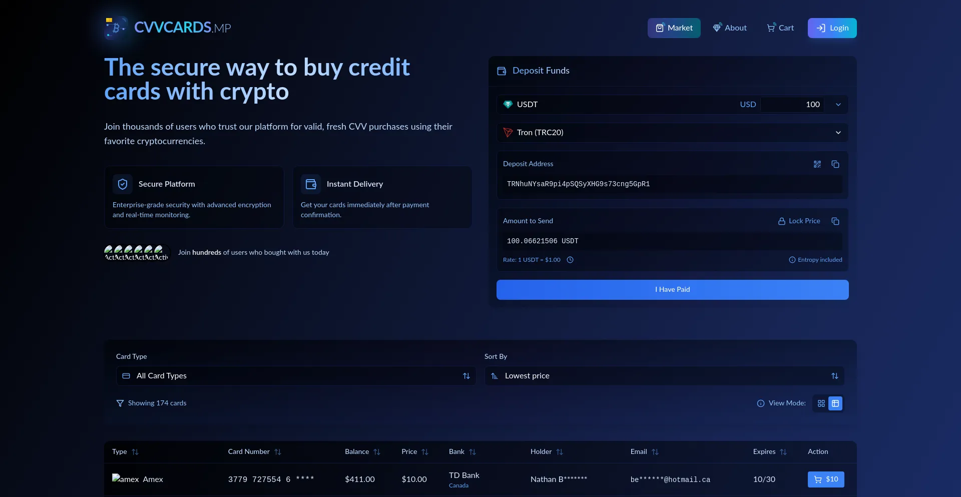 Website screenshot of Cvvcards.mp