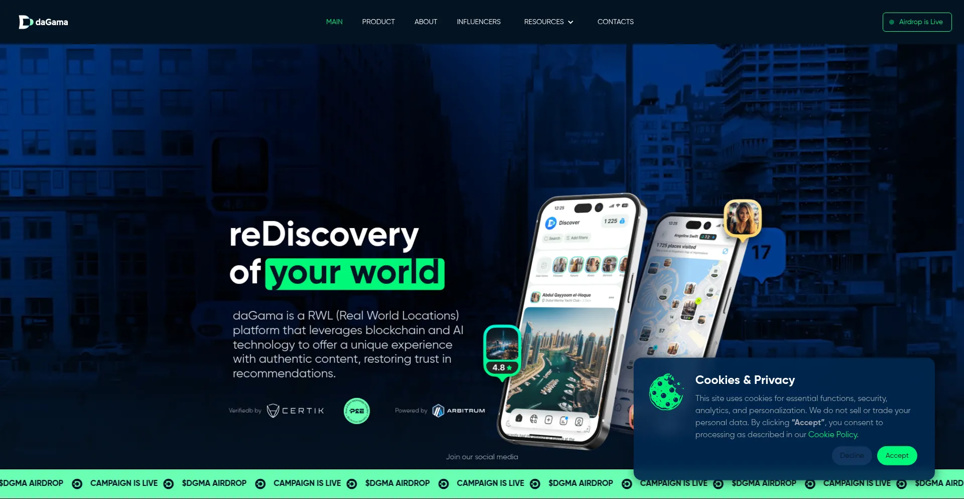 Website screenshot of Dagama.world