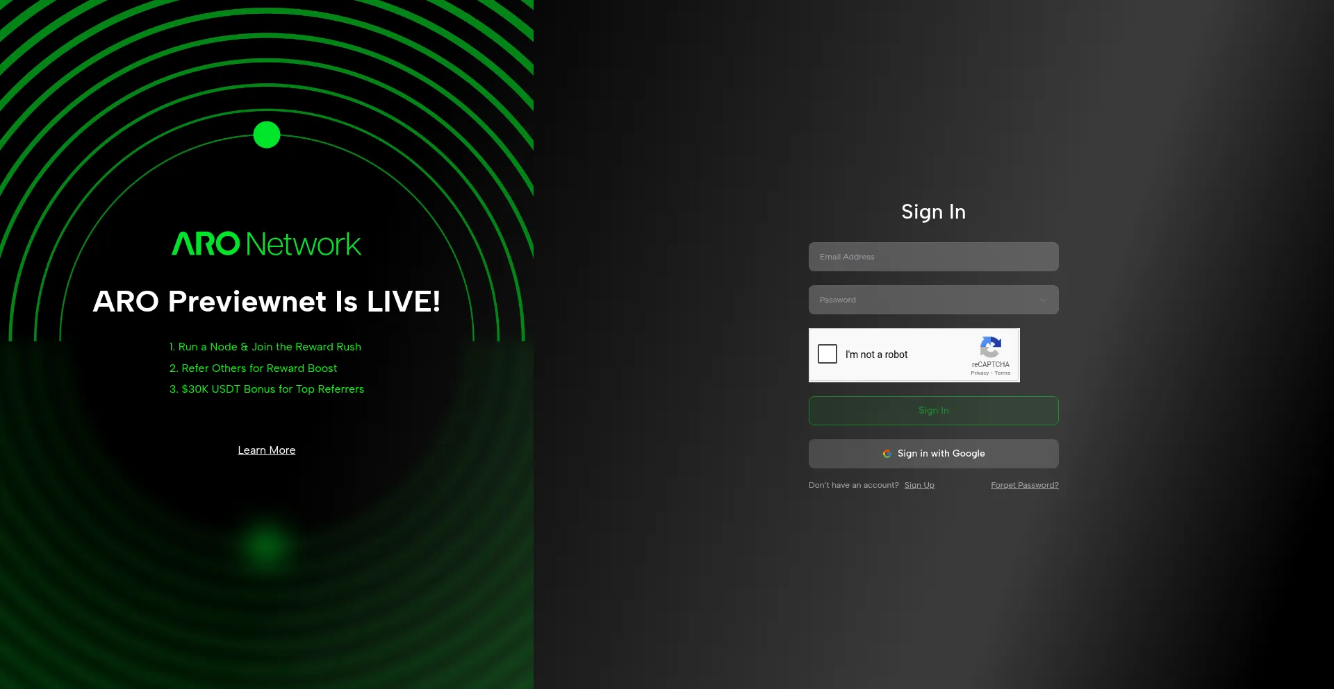 Website screenshot of Dashboard.aro.network