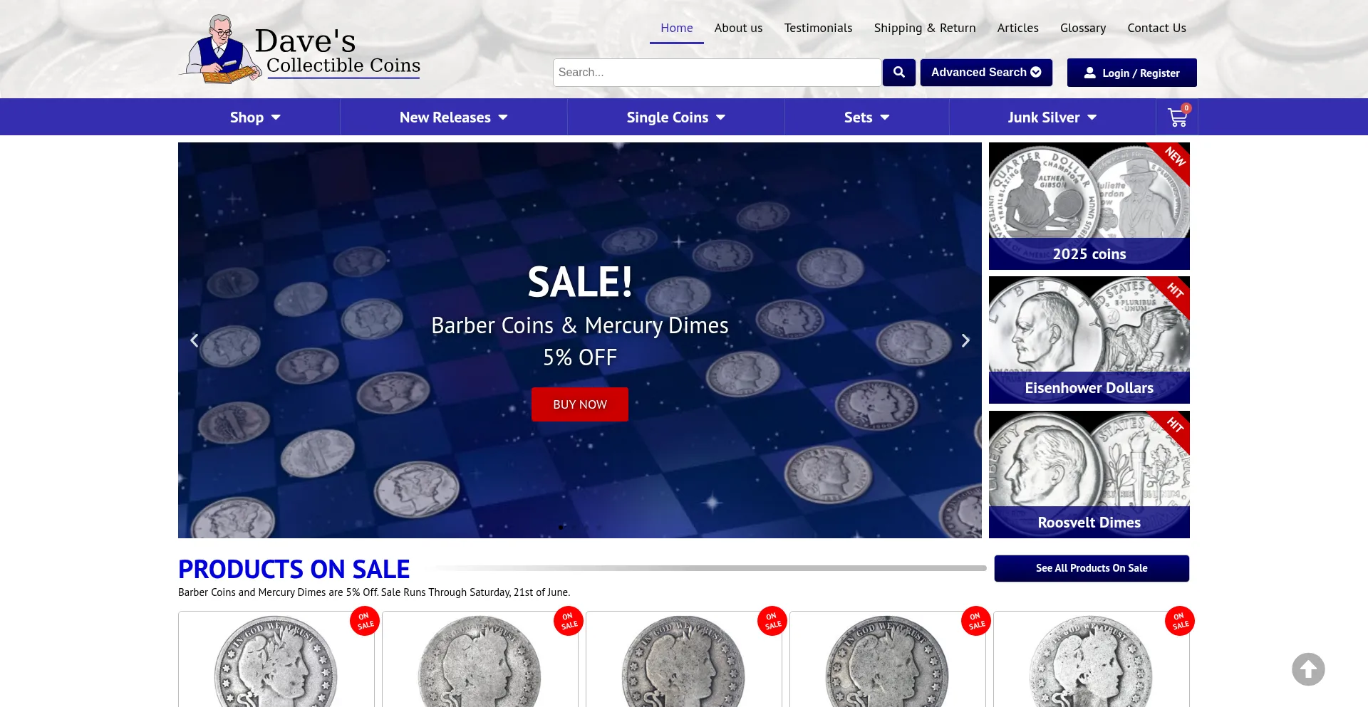 Website screenshot of Davescollectiblecoins.com