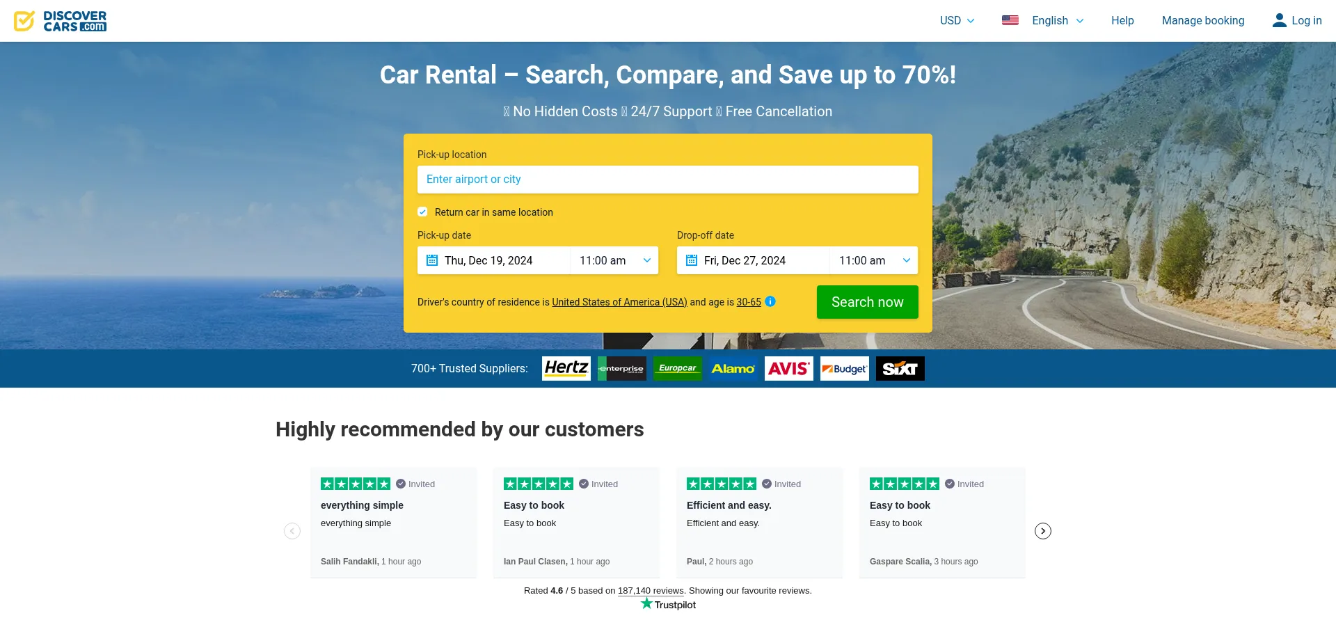 Website screenshot of Discovercars.com